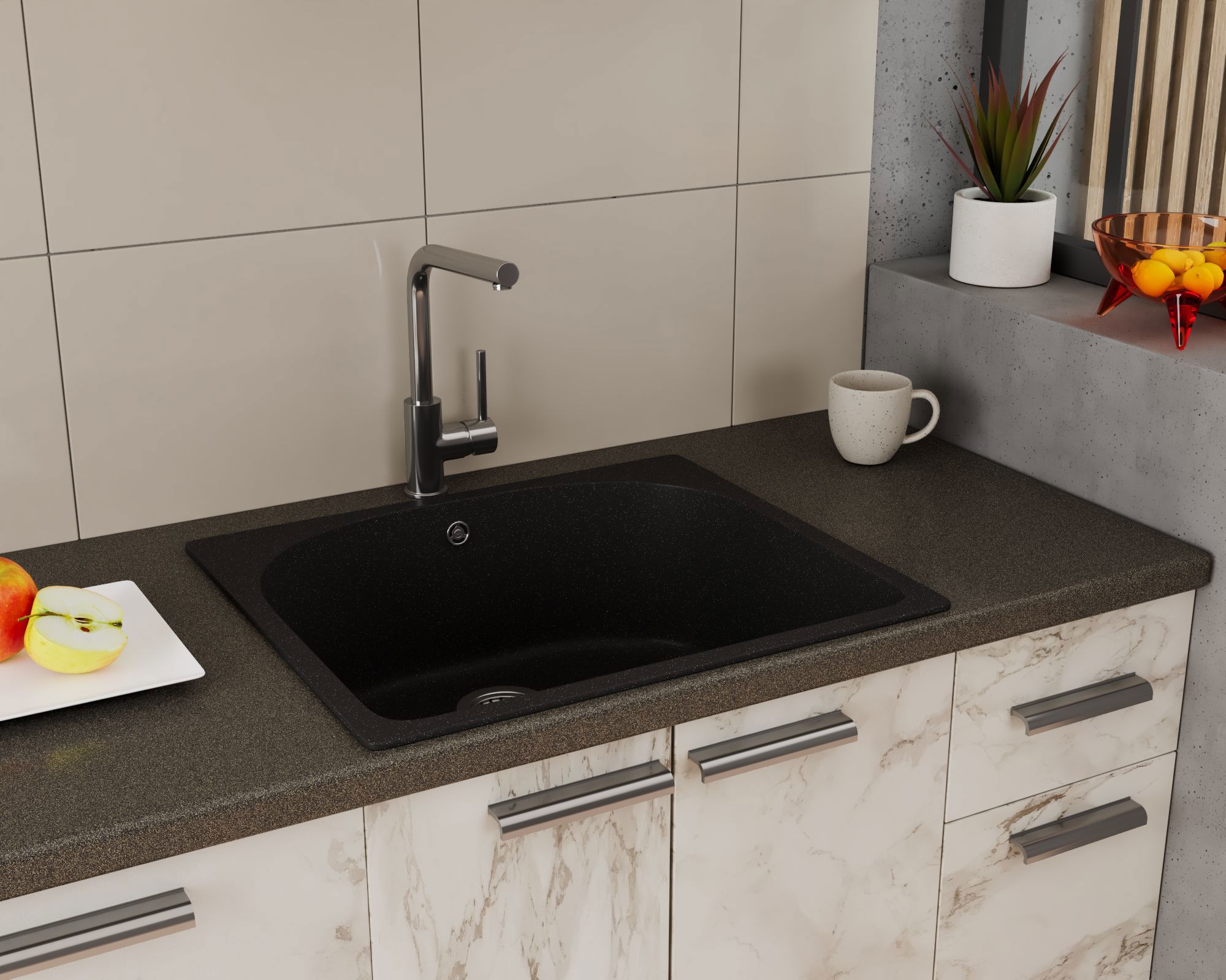 Изображение товара Кухонная мойка Bauedge Gr0138 24x53.50 см искусственный камень черный с сифоном