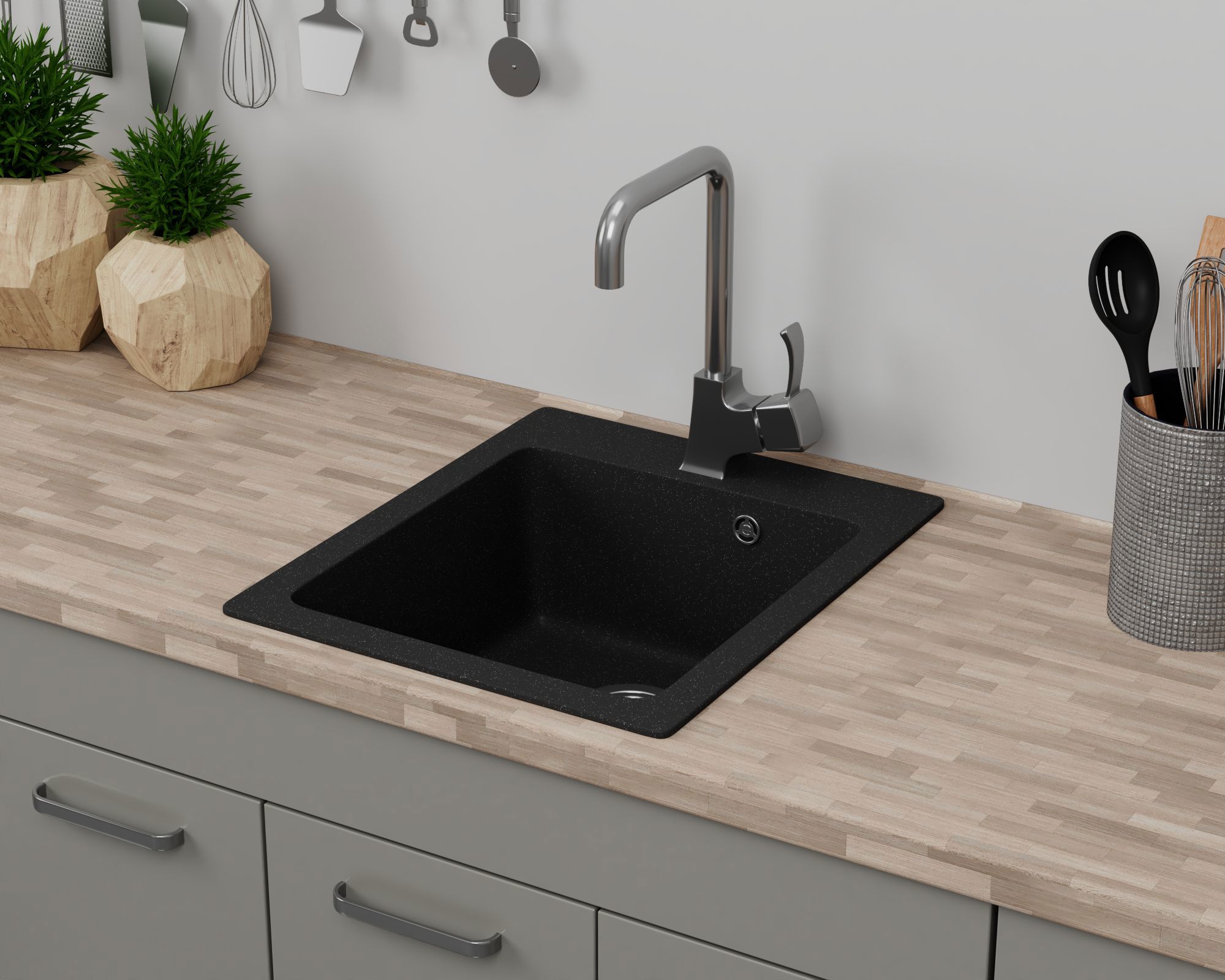 Изображение товара Мойка для кухни Bauedge Gr0116 21x38 см выпуск с сифоном в комплекте глубина чаши 19 см выпуск с сифоном в комплекте искусственный камень цвет черный