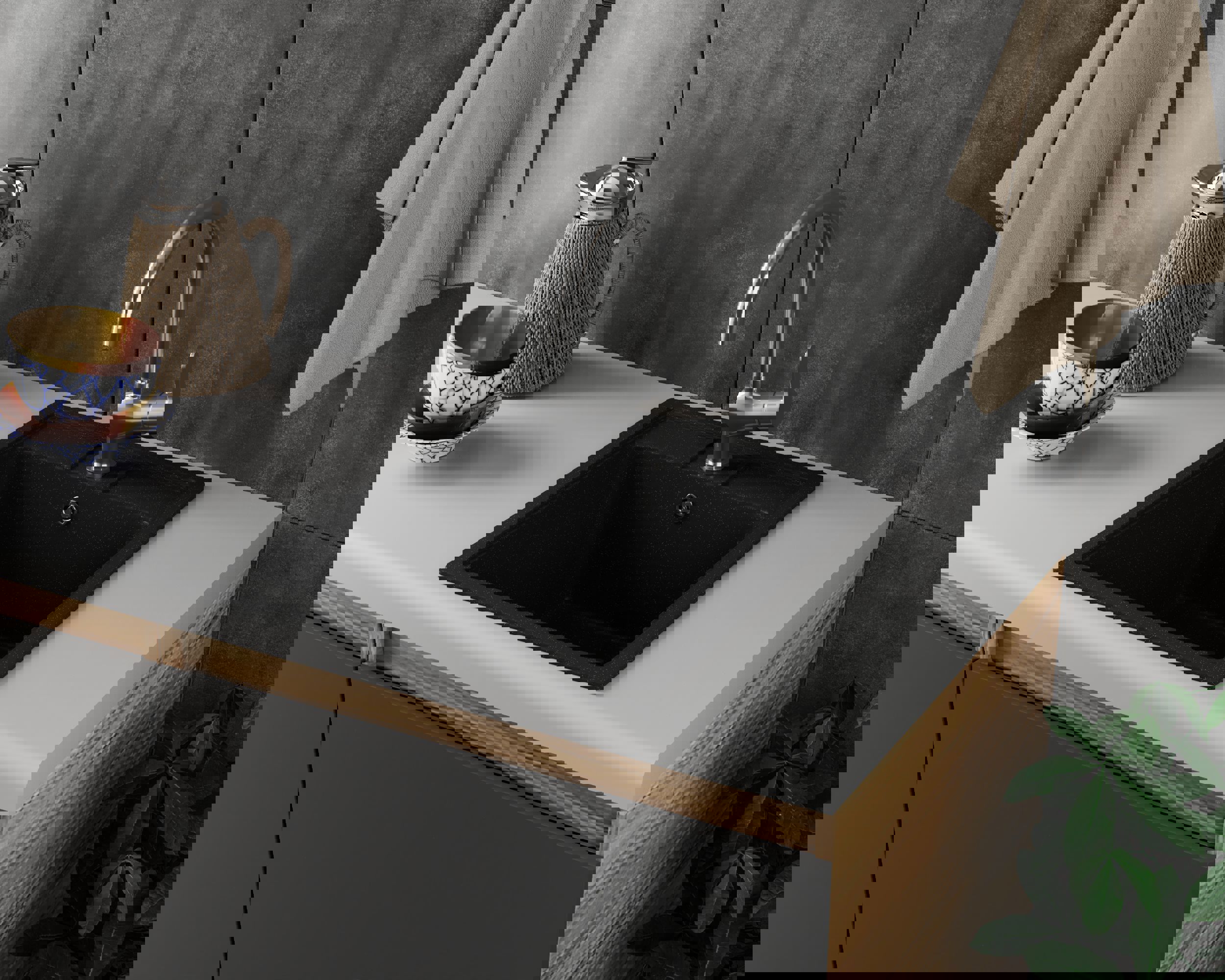 Изображение товара Мойка для кухни Bauedge Gr0122 21x36 см выпуск с сифоном в комплекте глубина чаши 19 см выпуск с сифоном в комплекте искусственный камень цвет черный