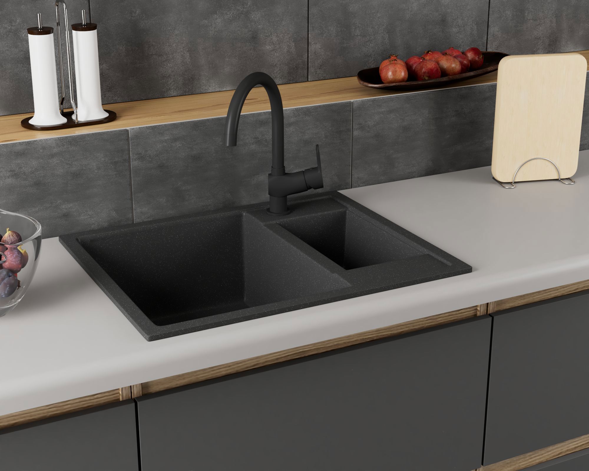 Изображение товара Мойка для кухни Bauedge Gr0170 оборачиваемая с крылом 21x31 см выпуск с сифоном в комплекте глубина чаши 19 см выпуск с сифоном в комплекте искусственный камень цвет черный