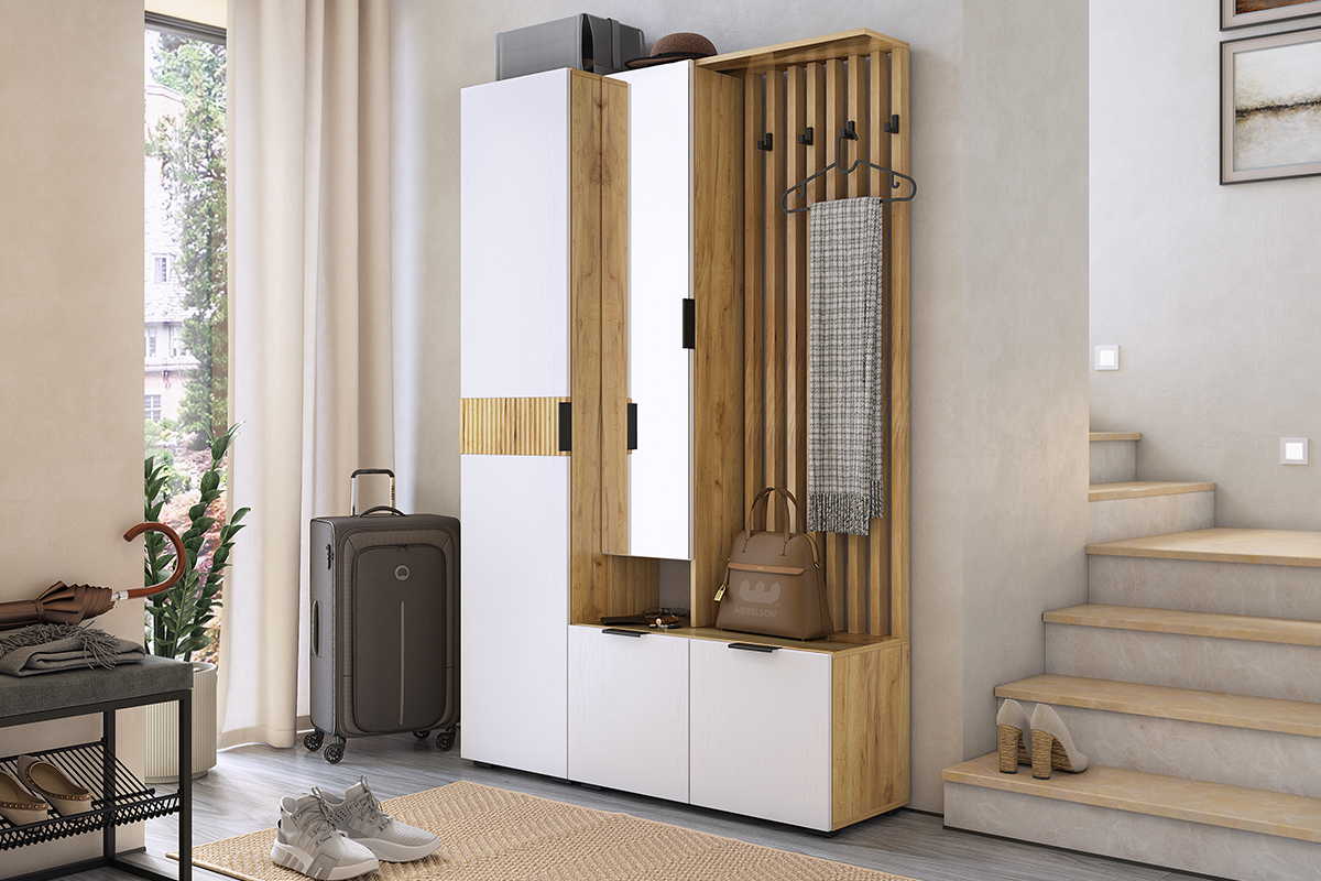 Изображение товара Комплект мебели для прихожей Mebelson Бери 120x182.60x35 см ЛДСП цвет дуб крафт золотой/белое дерево