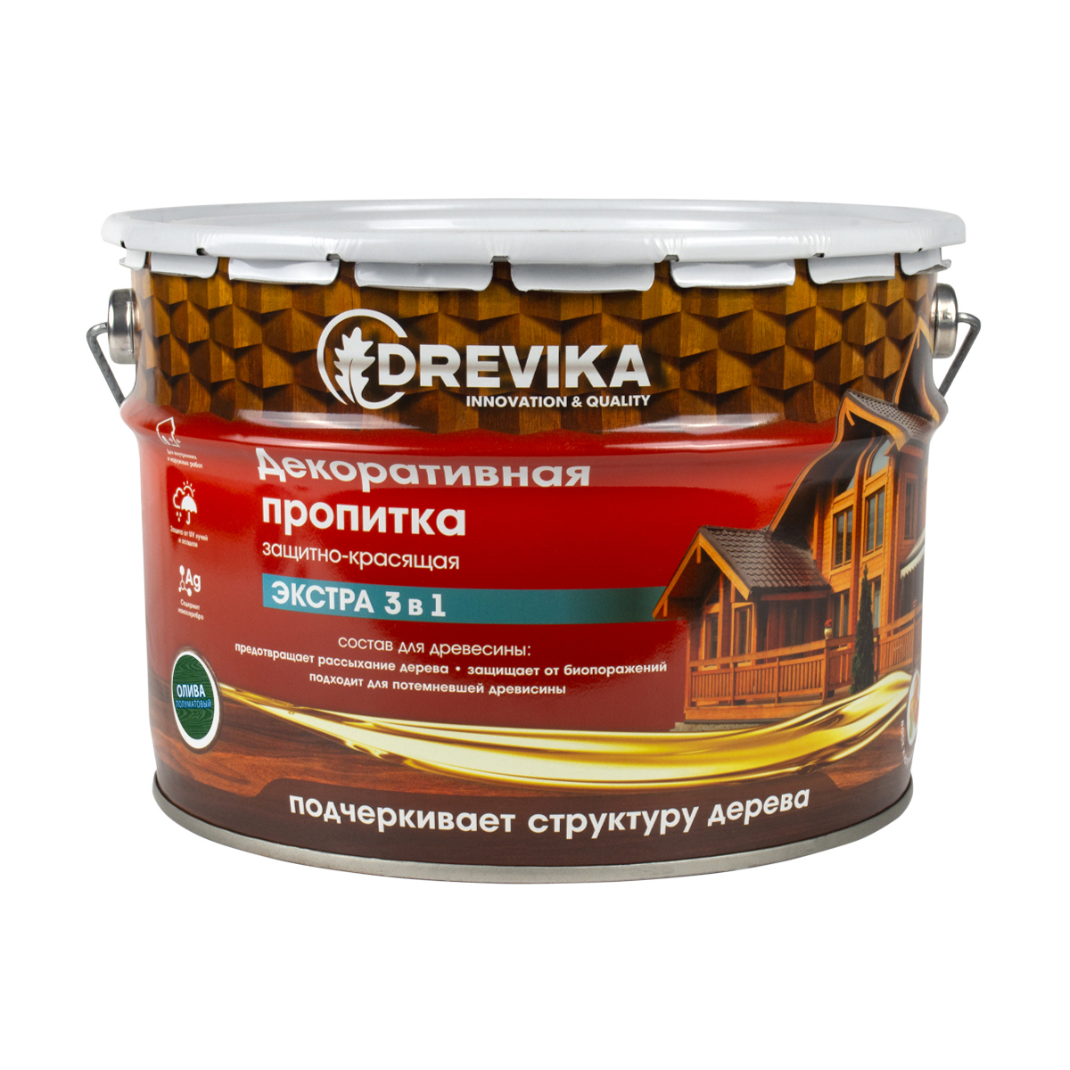 Изображение товара Пропитка для древесины Drevika Экстра 3 в 1 3528 цвет олива 9 л