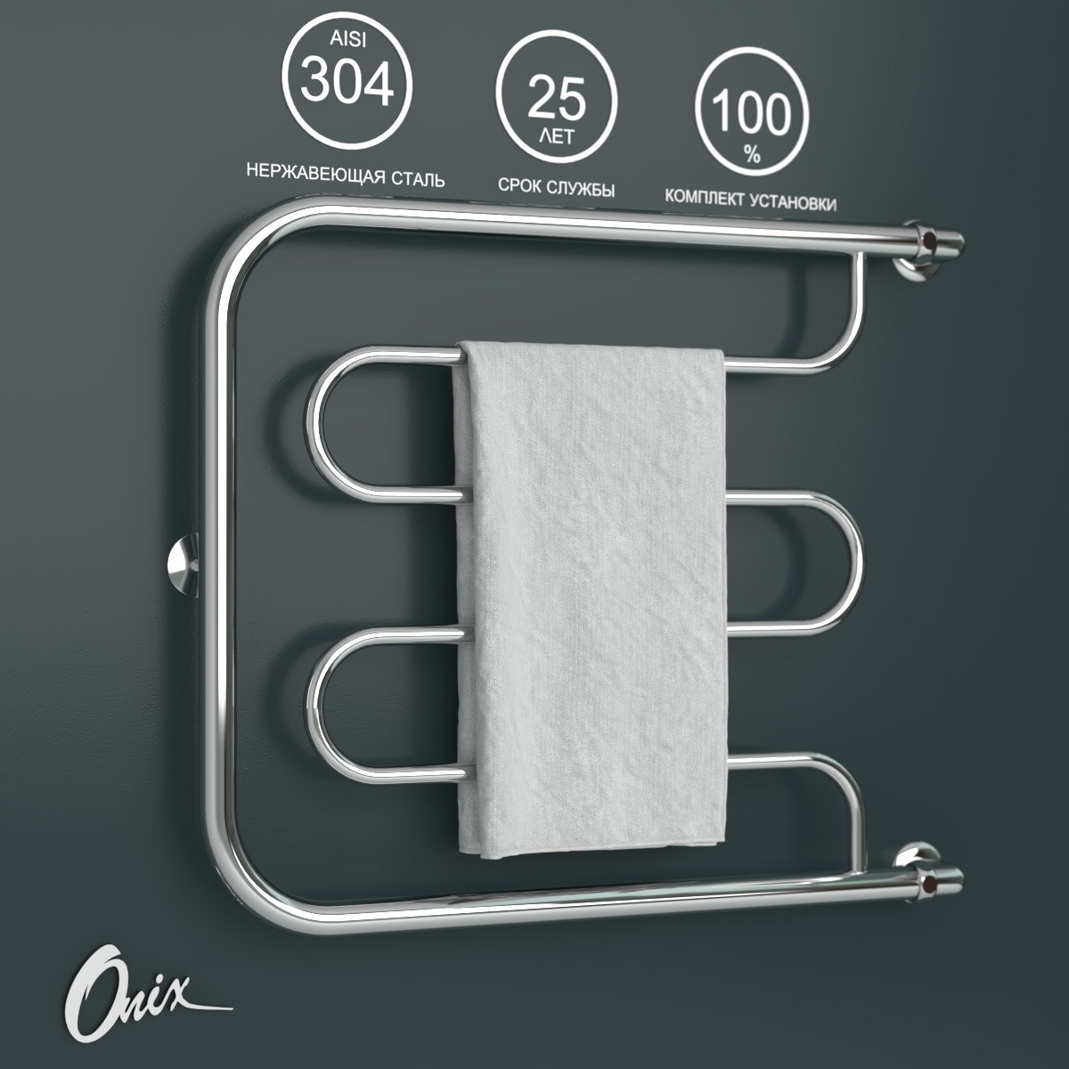 Изображение товара Водяной полотенцесушитель ONIX Country Turn Right 600x700 нержавеющая сталь хром