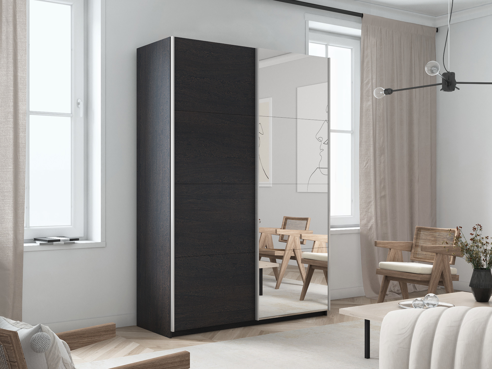 Изображение товара Шкаф-купе с зеркалом МК Е1-Юг Прайм 230x120x57 см 7 полок ДСП цвет венге
