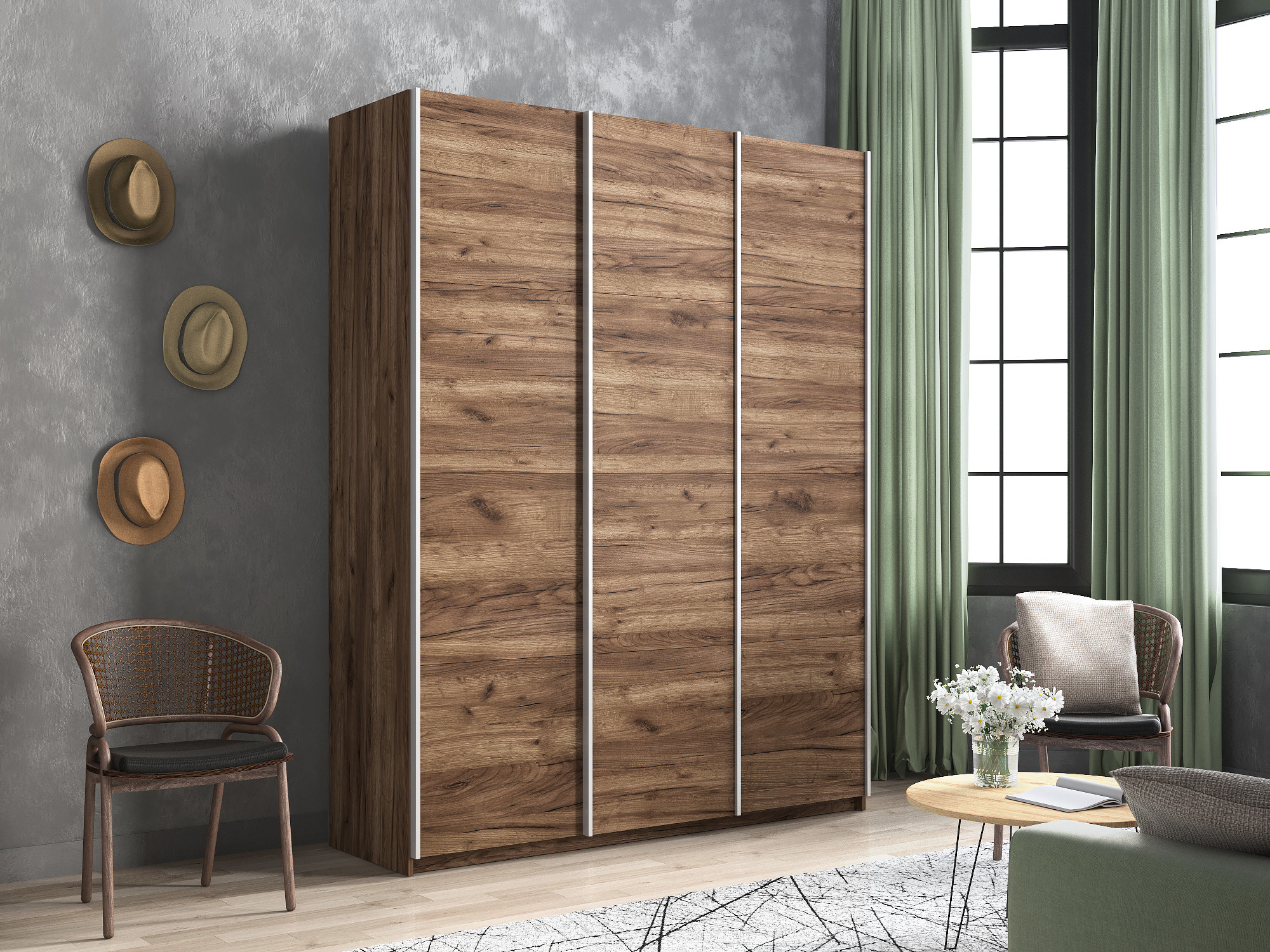 Изображение товара Шкаф-купе Мебельная Компания Е1 3 дверный 230x210x57 см 9 полок ЛДСП цвет крафтовый дуб 1Pddd_210_Kt