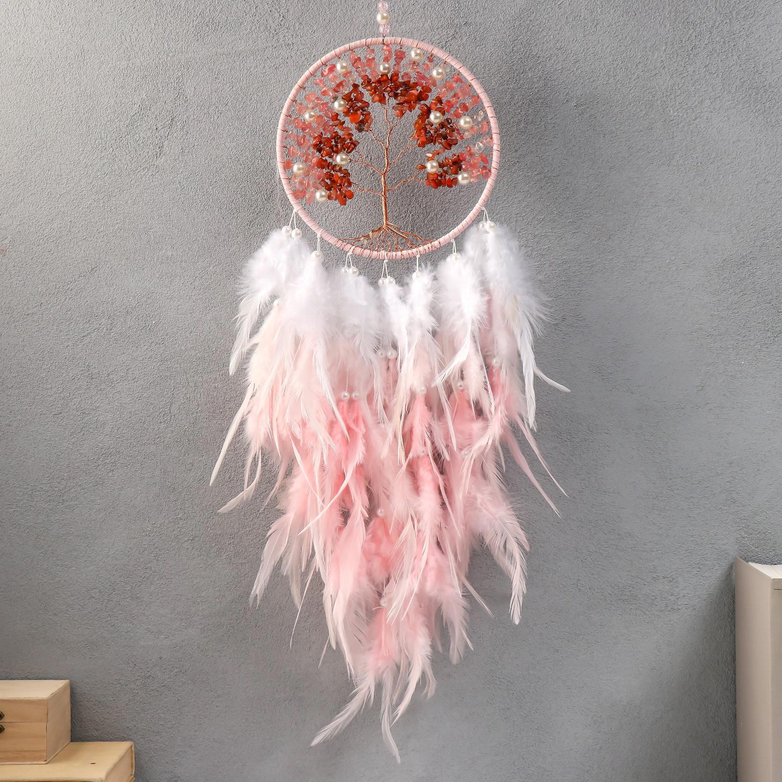 Изображение товара Панно ловец снов "Дерево с жемчугом" бело-розовый d-16 см 65x16 см