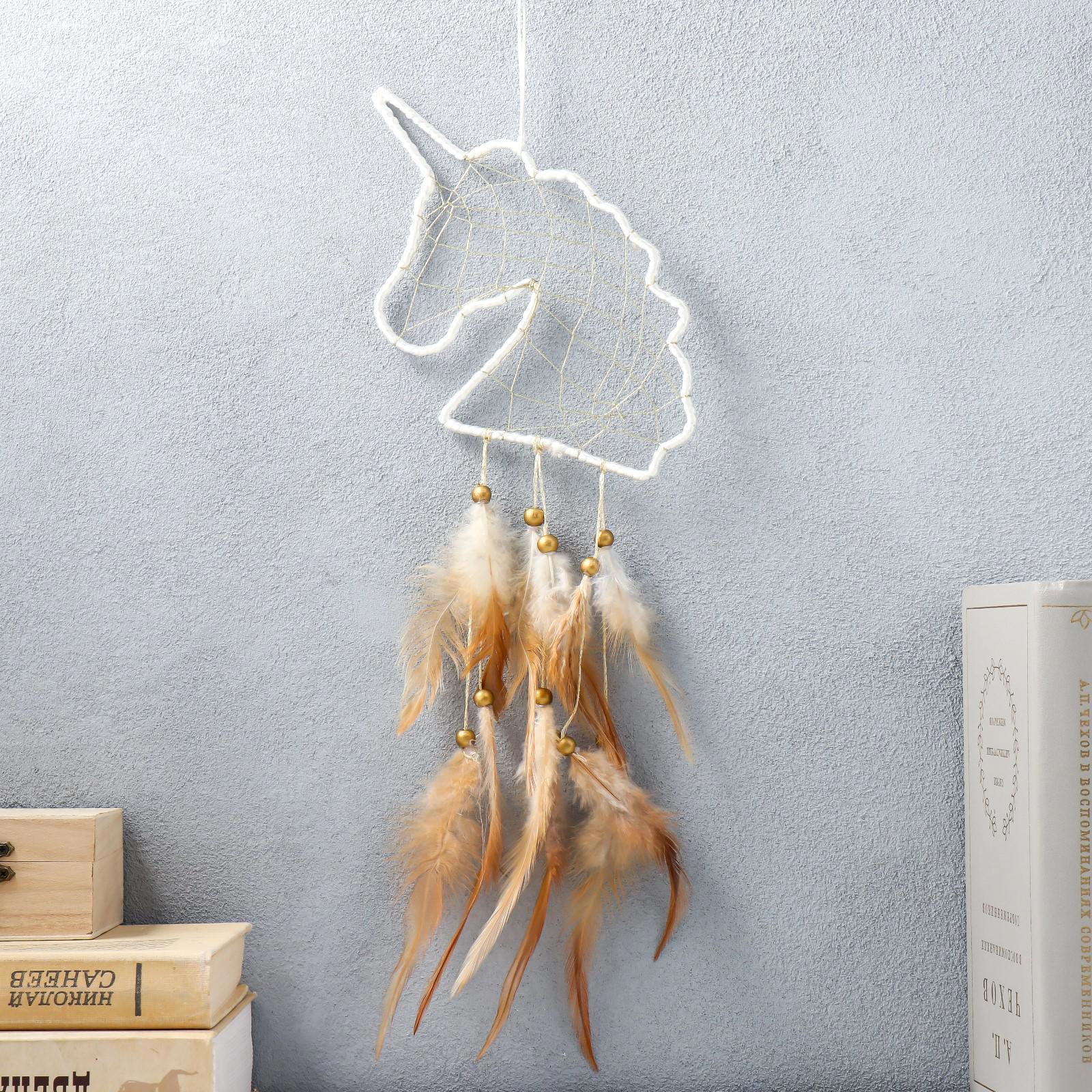 Изображение товара Панно ловец снов "Единорог бежевые перья" 60x20 см