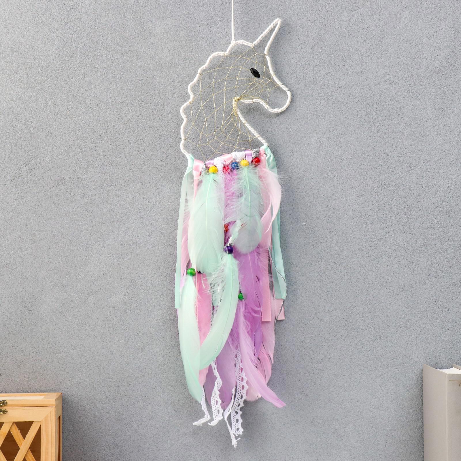 Изображение товара Панно SIMALAND Ловец снов Единорог розовые перья 50x20 см