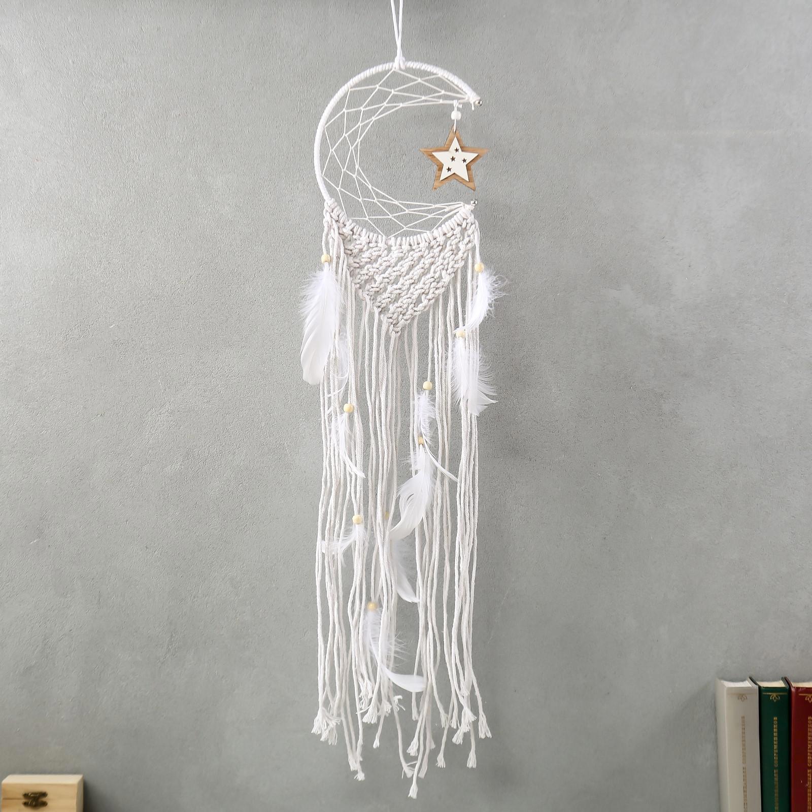 Изображение товара Панно ловец снов "Звёздочка в паутине" белые пёрышки и тесьма 74x20 см