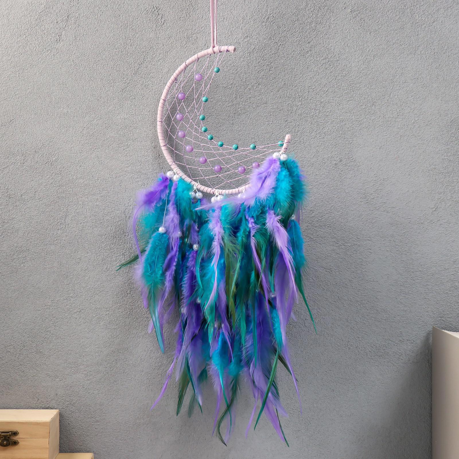 Изображение товара Панно ловец снов "Месяц с бусинами" сиренево-голубой d-16 см 55x16 см