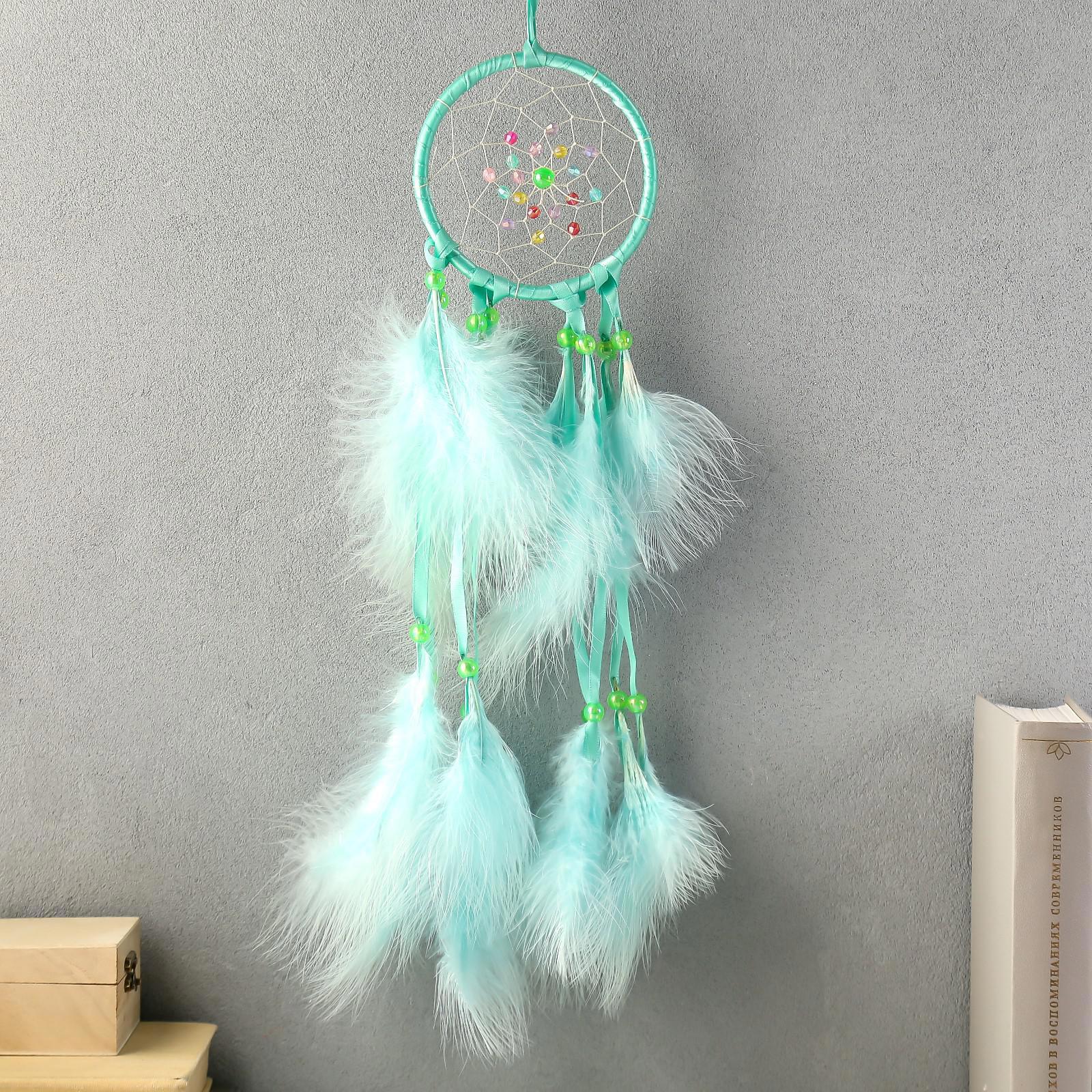 Изображение товара Панно ловец снов "Паутинка с жемчужинами" d-11 см светло-зелёный 40 см