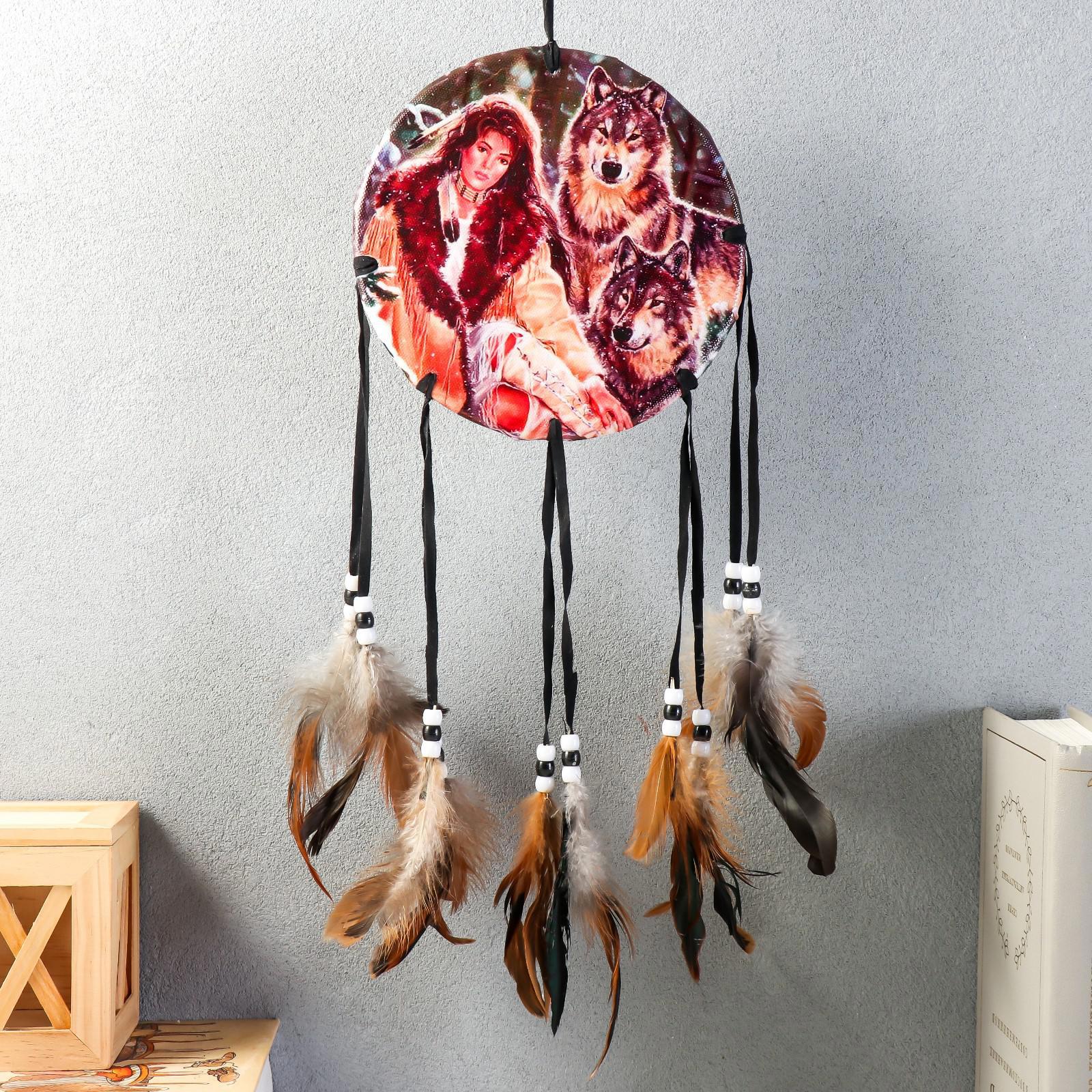 Изображение товара Панно ловец снов "Девушка с волками" круг d-16 см