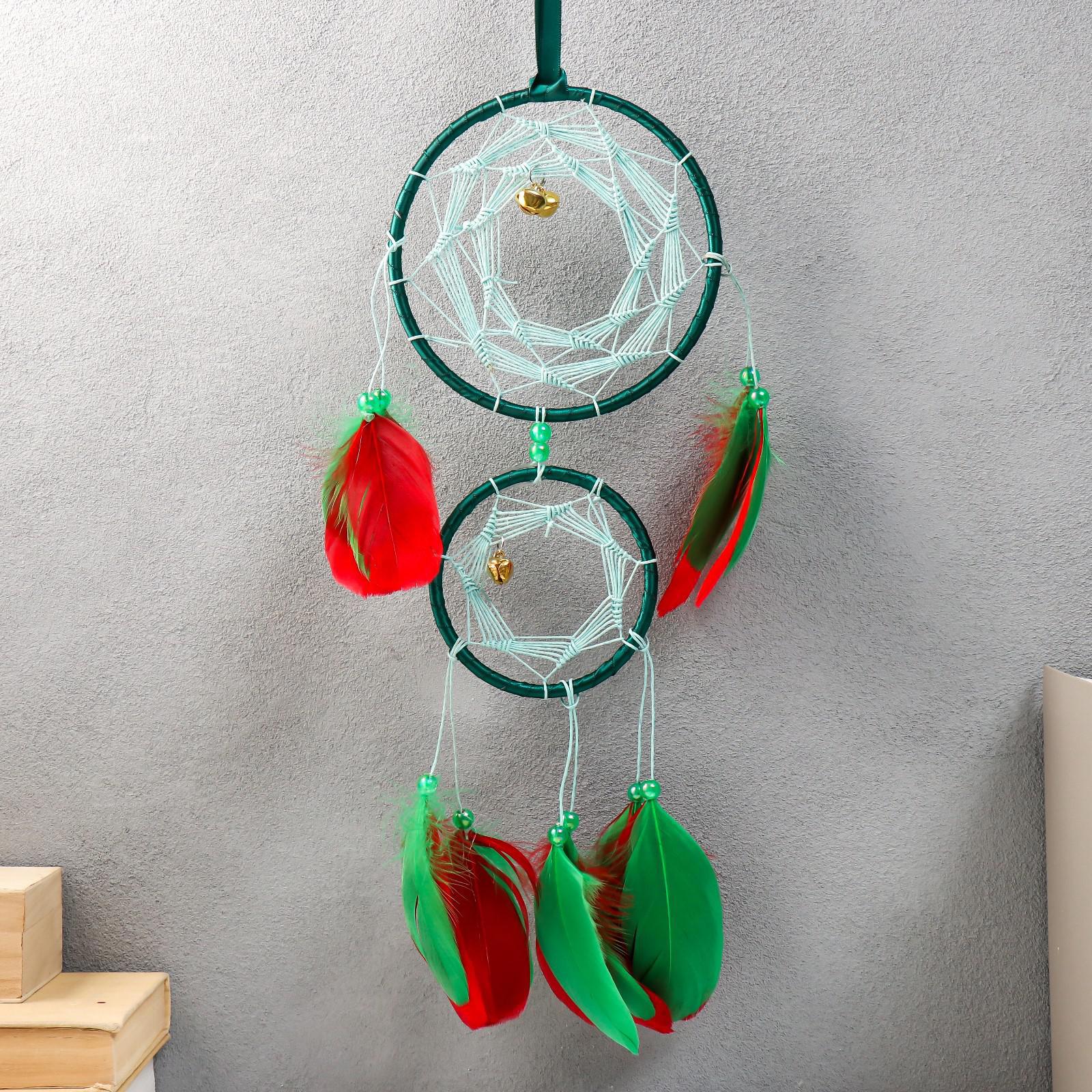 Изображение товара Панно ловец снов "Яркость с колокольчиками" зелёно-красный