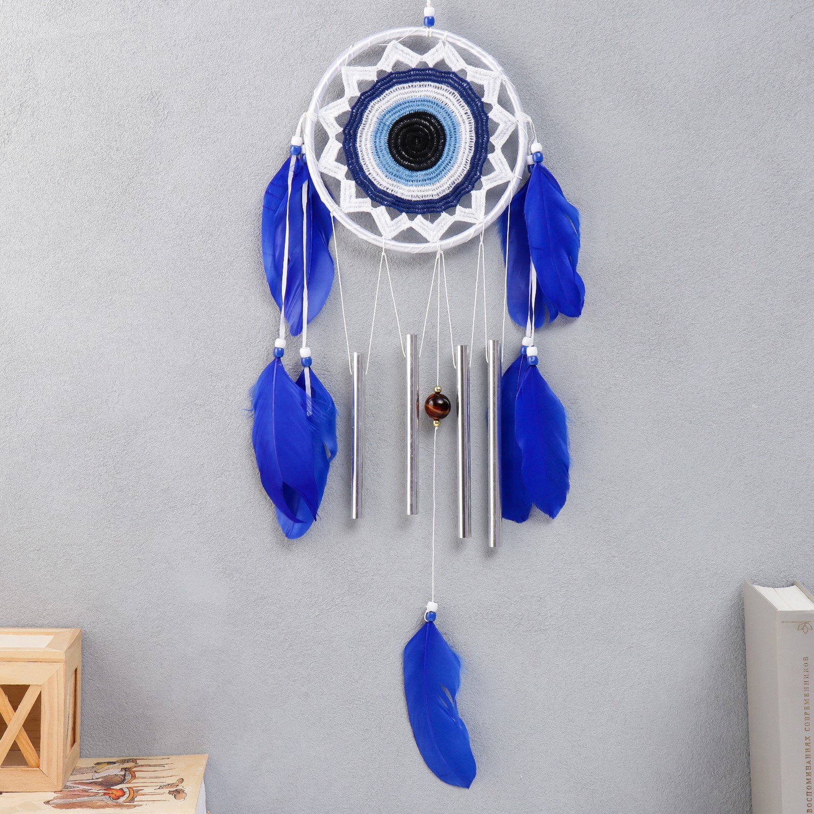 Изображение товара Панно ловец снов с музыкой ветра "От сглаза" 4 трубки синие перья 61x16 см