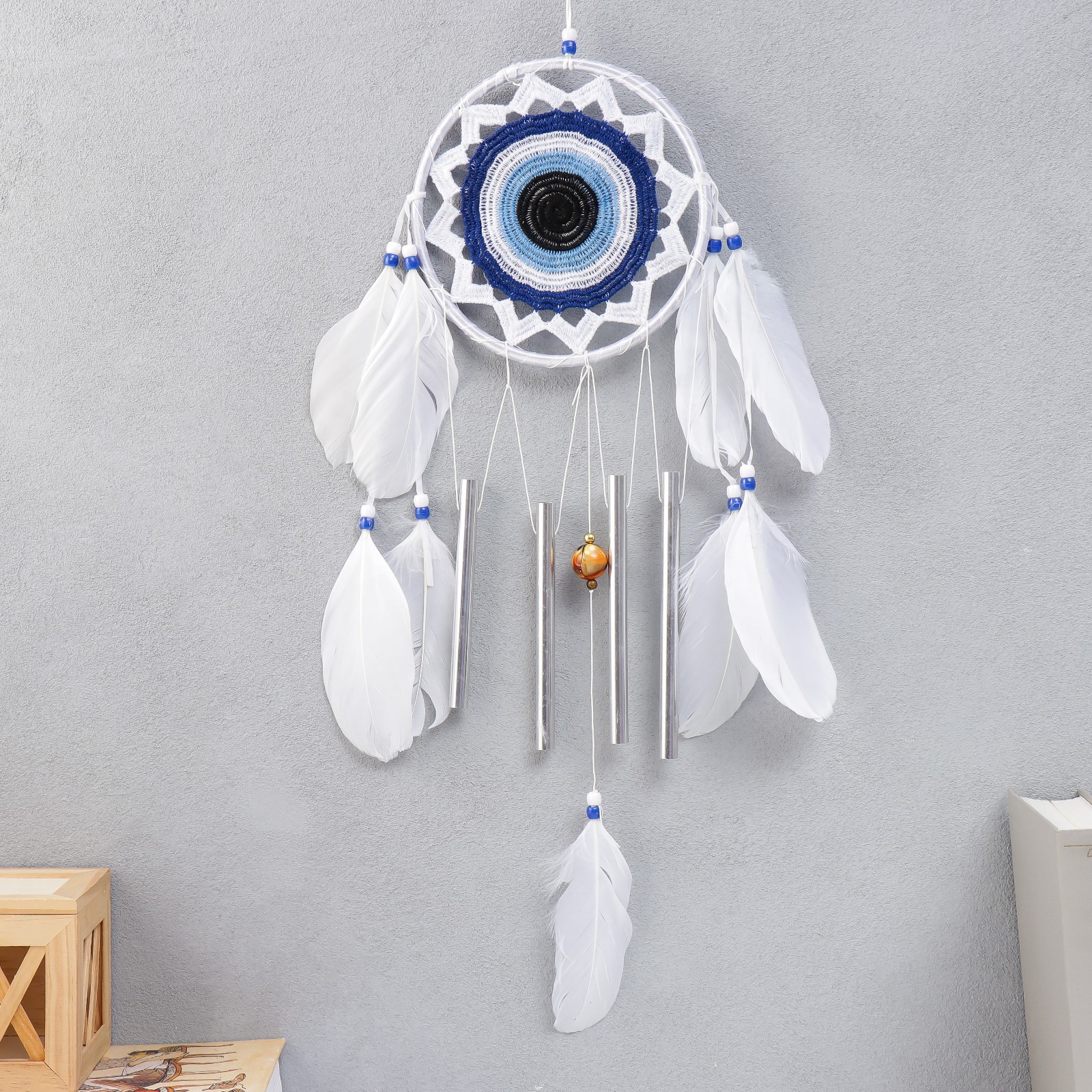 Изображение товара Панно ловец снов с музыкой ветра "От сглаза" 4 трубки белые перья 61x16 см