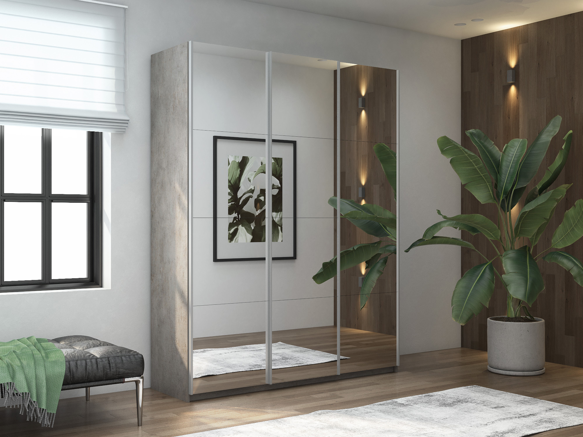 Изображение товара Шкаф-купе серии Прайм 3 дверный из ЛДСП цвет бетон с зеркалом 180x230 см