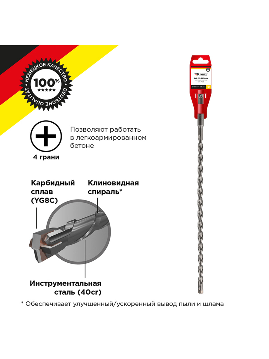 Изображение товара Бур по бетону KRANZ 10x460 мм с крестовым наконечником для SDS Plus