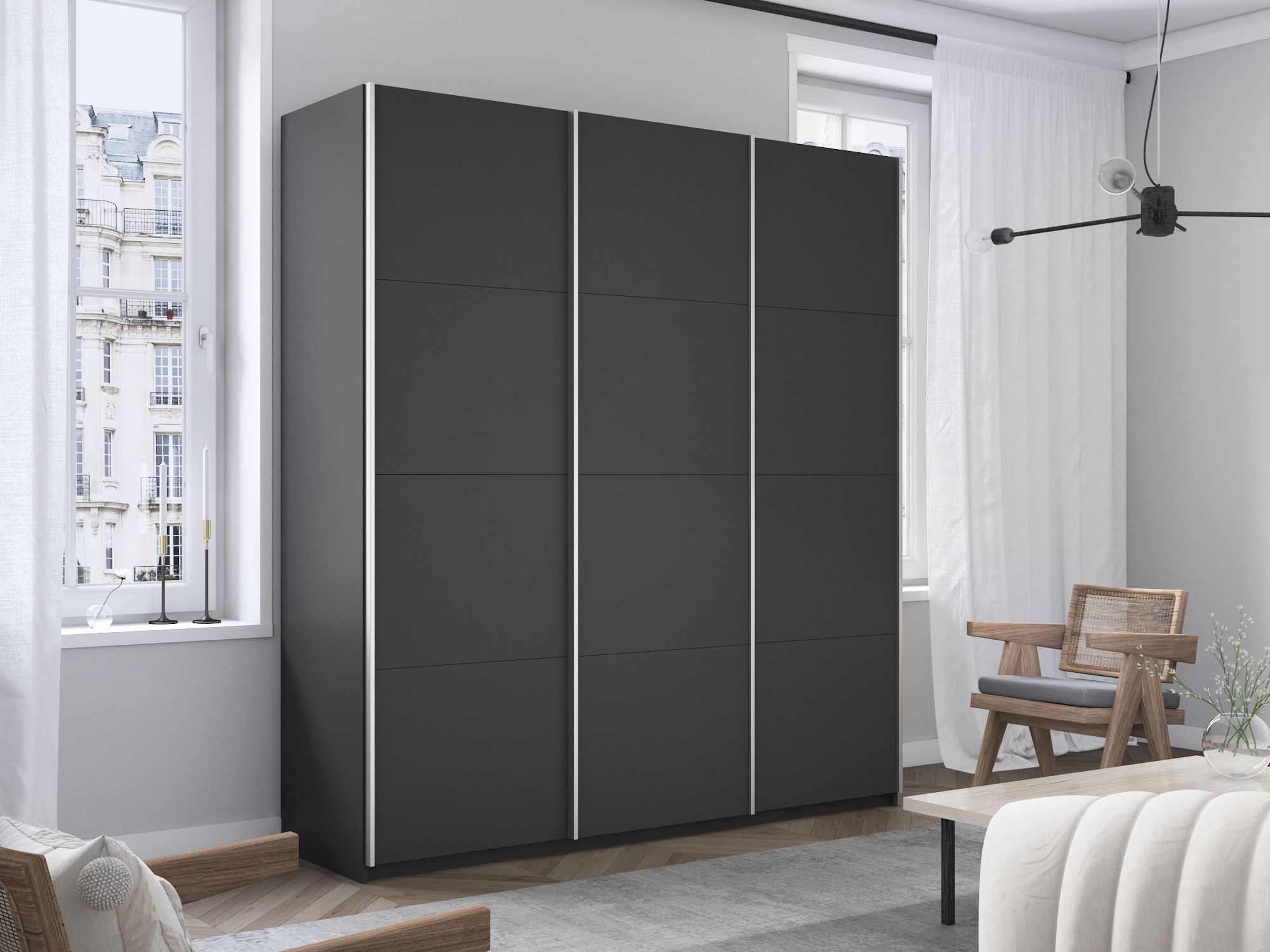 Изображение товара Шкаф-купе Мебельная Компания Е1 3 дверный 230x210x57 см 9 полок ЛДСП цвет серый 1Pddd_210_Dm