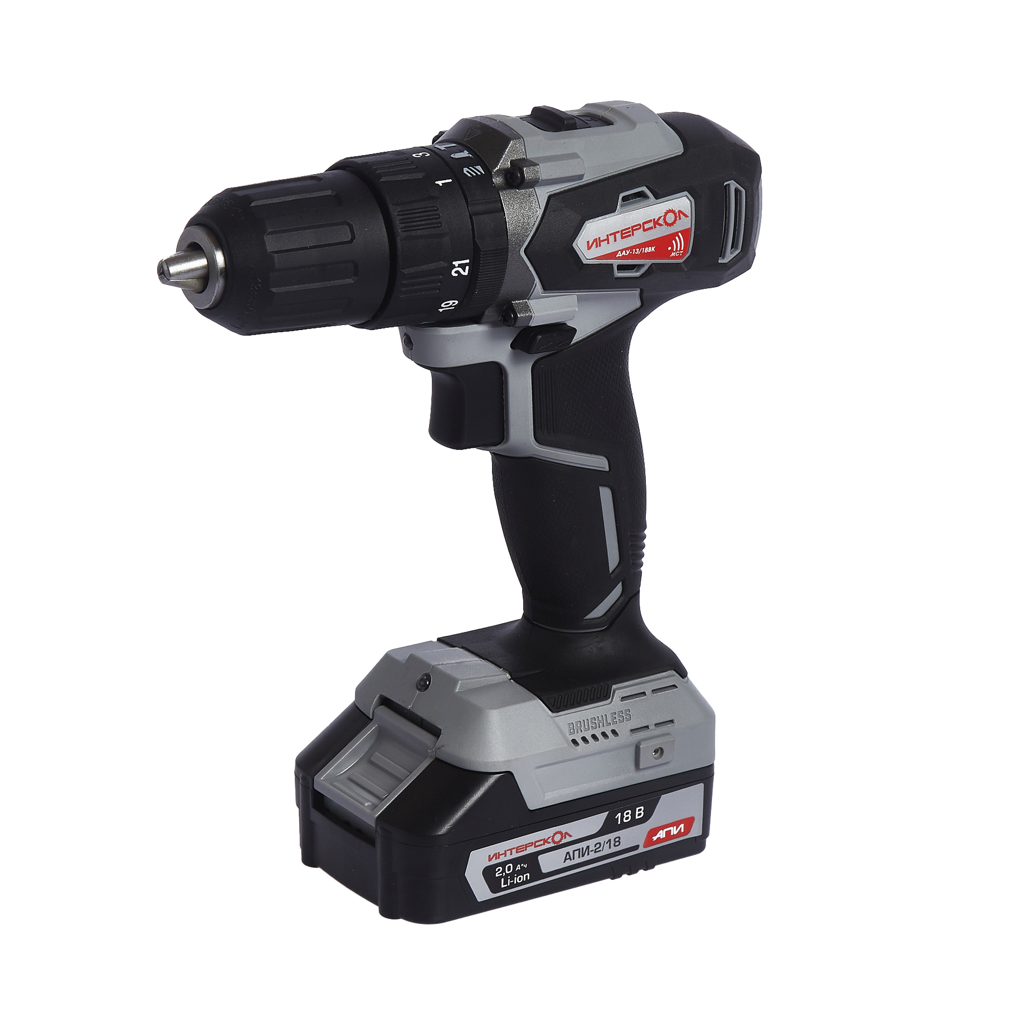 Изображение товара Дрель-шуруповерт аккумуляторная ударная бесщеточная Интерскол ДАУ-13/18ВК 573.2.2.70, 18 В Li-Ion 2x2 Ач