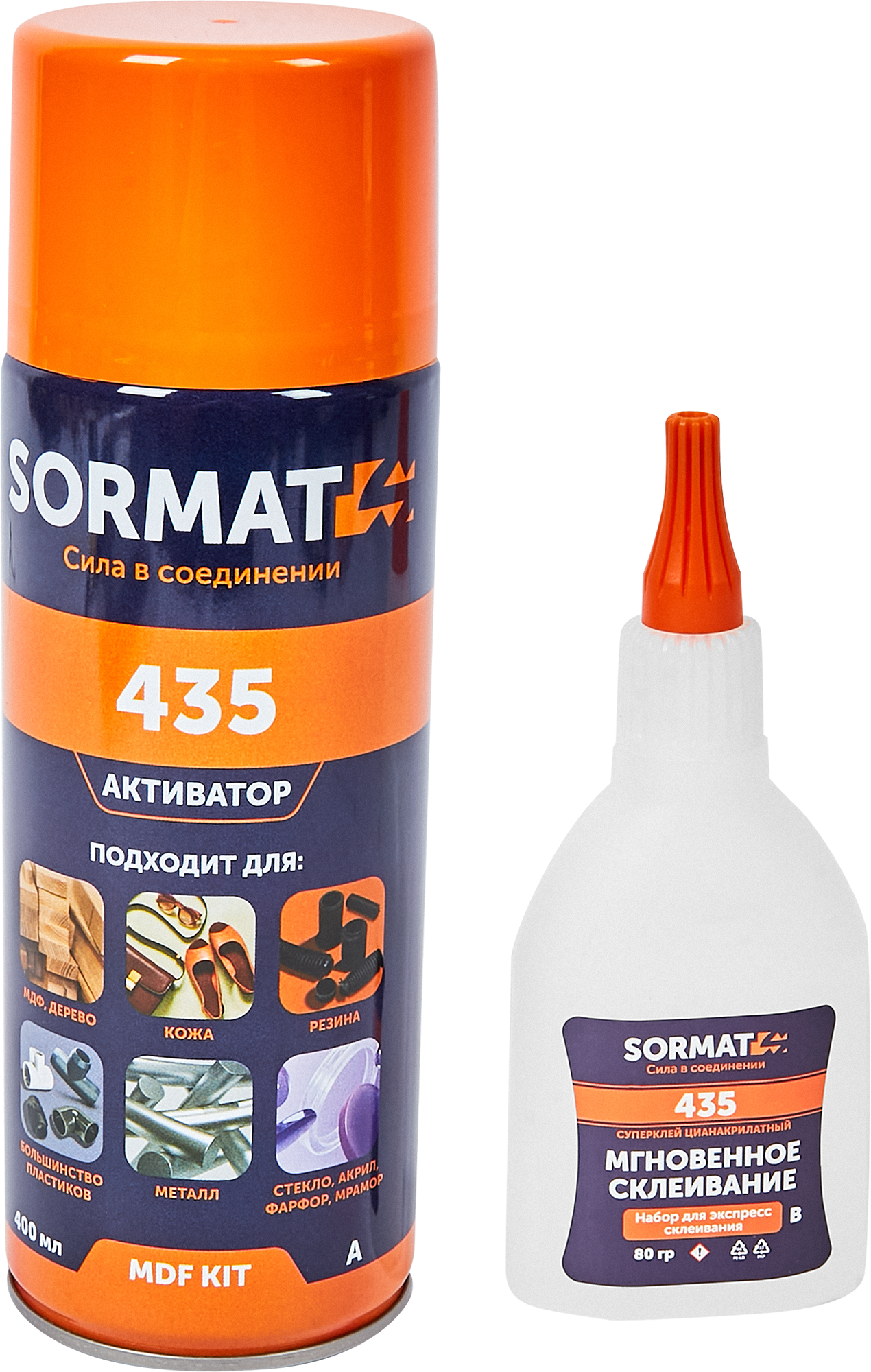 Суперклей - набор для экспресс склеивания Sormat MDF KIT 435 80 гр + 400 мл