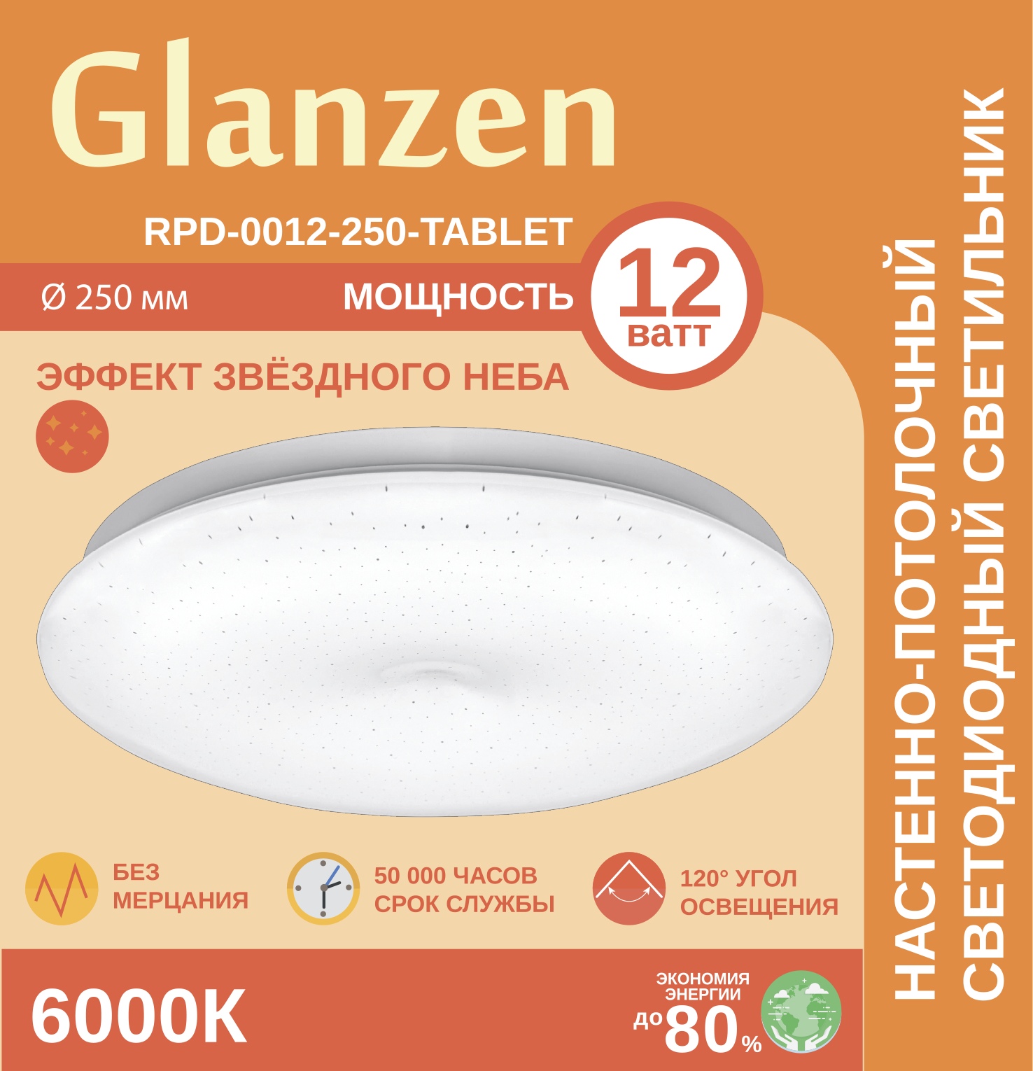Изображение товара Настенно-потолочный светодиодный светильник GLANZEN RPD-0012-250-TABLET 36 м² холодный белый