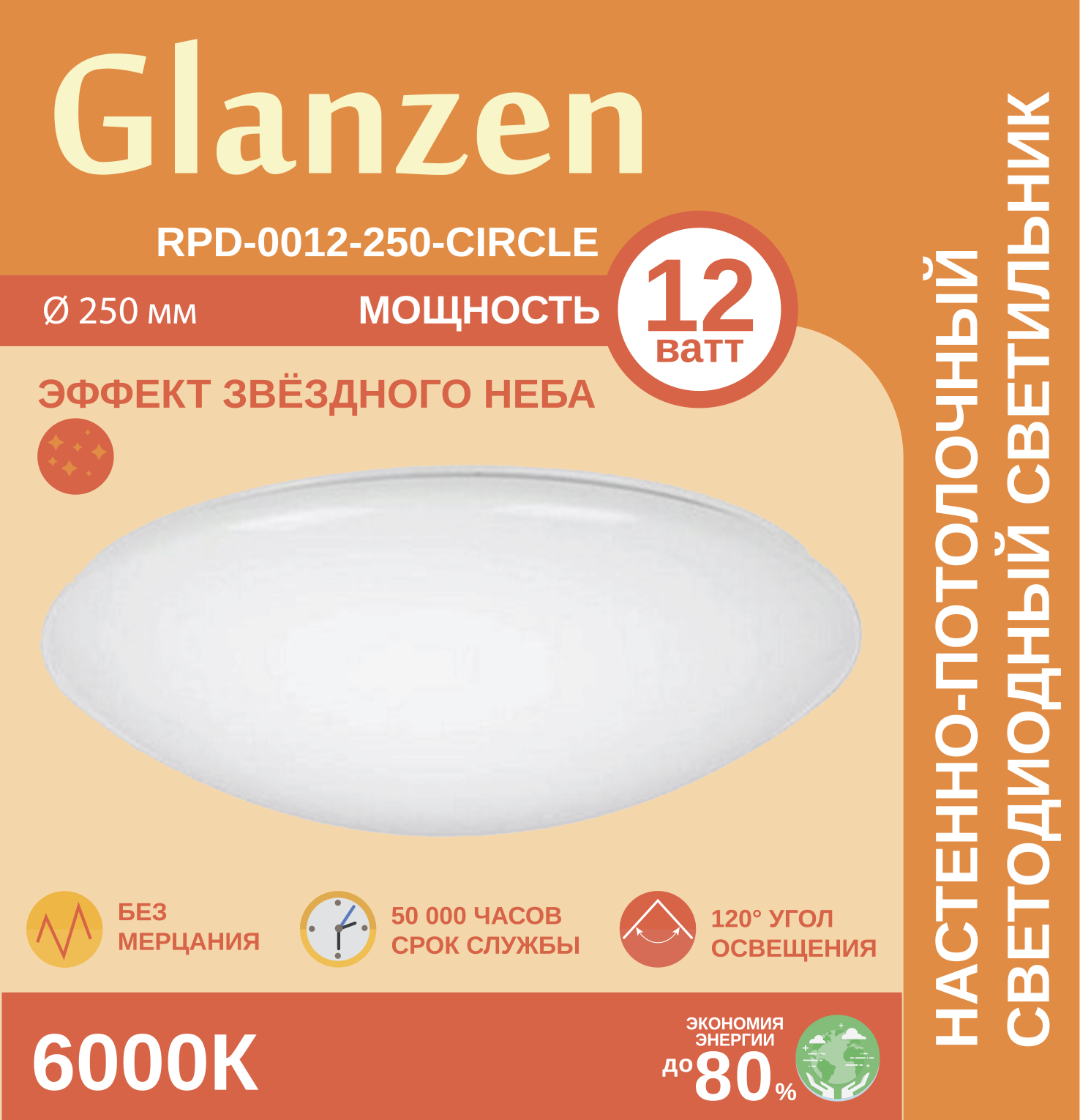 Изображение товара Настенно-потолочный светодиодный светильник GLANZEN RPD-0012-250-CIRCLE 36 м² холодный белый