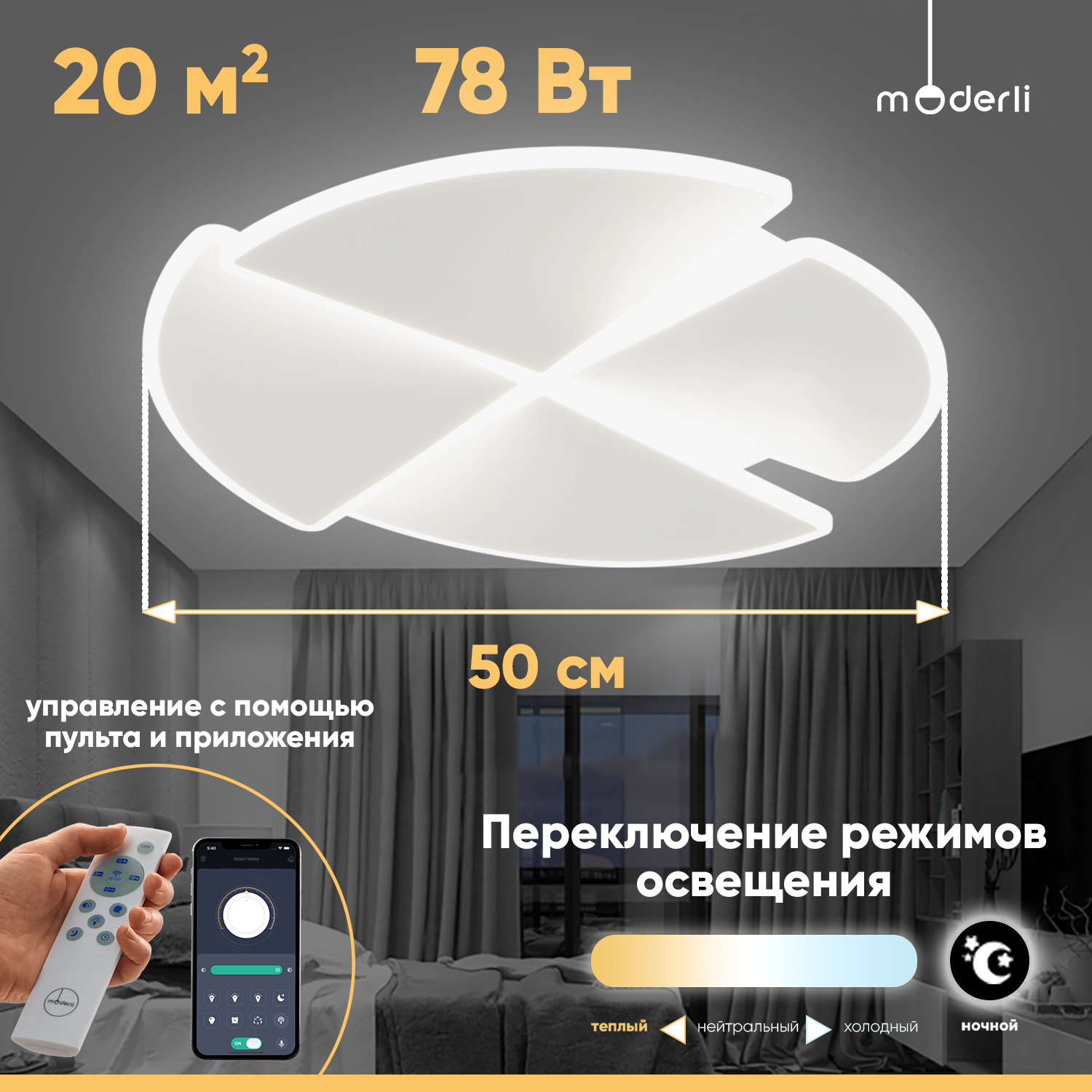 Изображение товара Настенно-потолочный светильник Moderli Sky с пультом 20 м² белый прозрачный LED