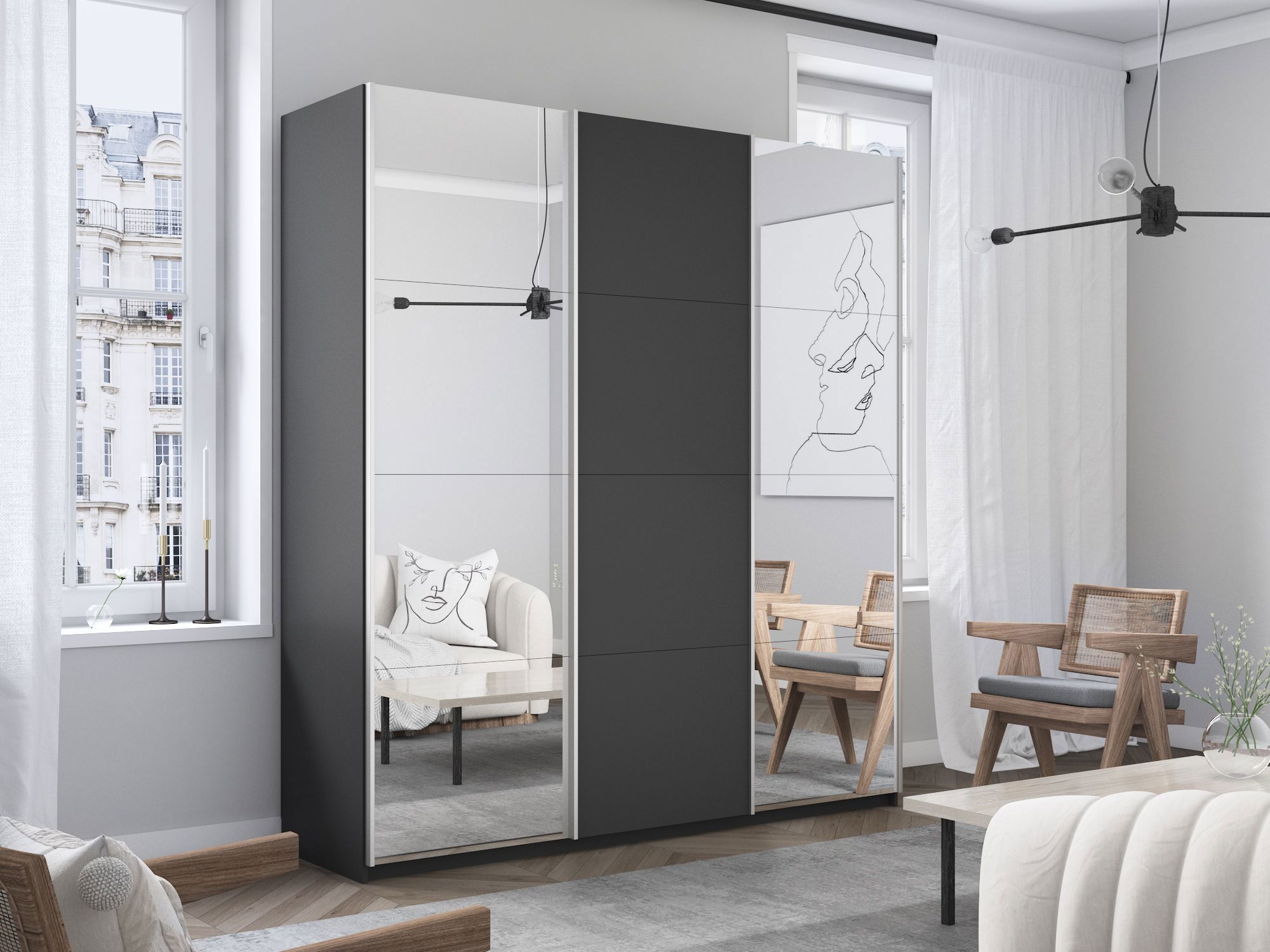 Изображение товара Шкаф-купе 3 дверный серии Прайм 210x230 см с зеркалом и полками