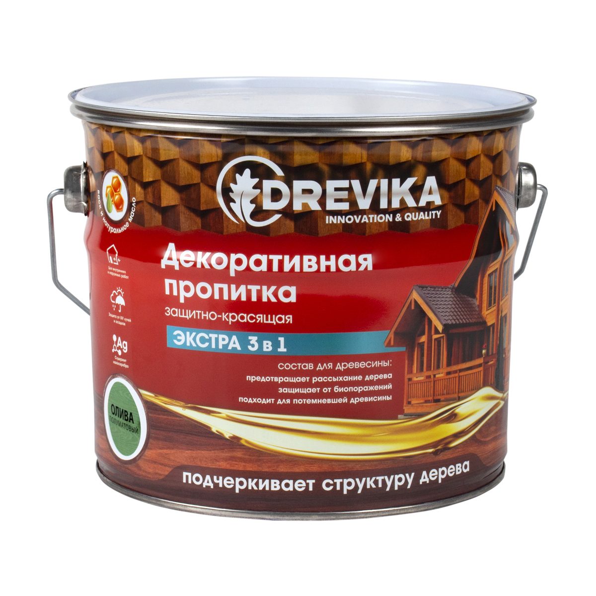 Изображение товара Пропитка для дерева Drevika Экстра 3 в 1 олива 3 л - защитное и декоративное покрытие
