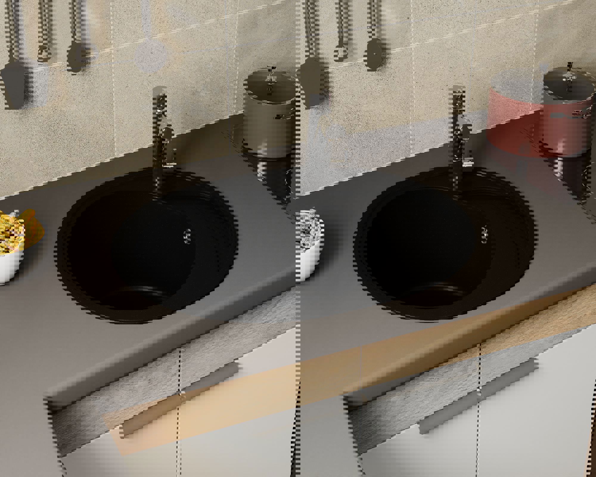 Изображение товара Мойка для кухни Bauedge Gr0142 оборачиваемая овальная 20x39 см выпуск с сифоном в комплекте глубина чаши 18 см выпуск с сифоном в комплекте искусственный камень цвет черный