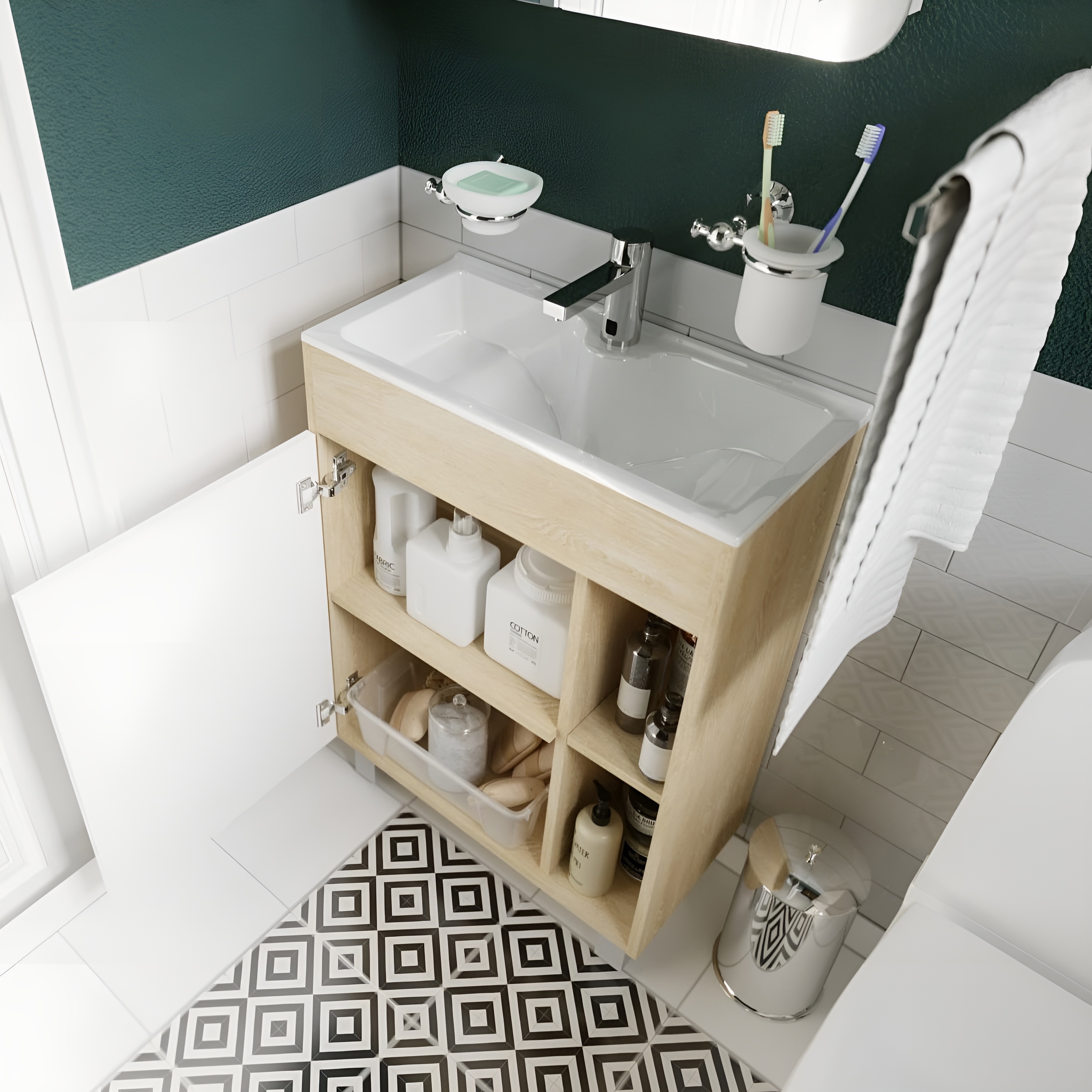 Изображение товара Тумба под раковину 60 см с раковиной и доводчиками Дуб Сонома белый