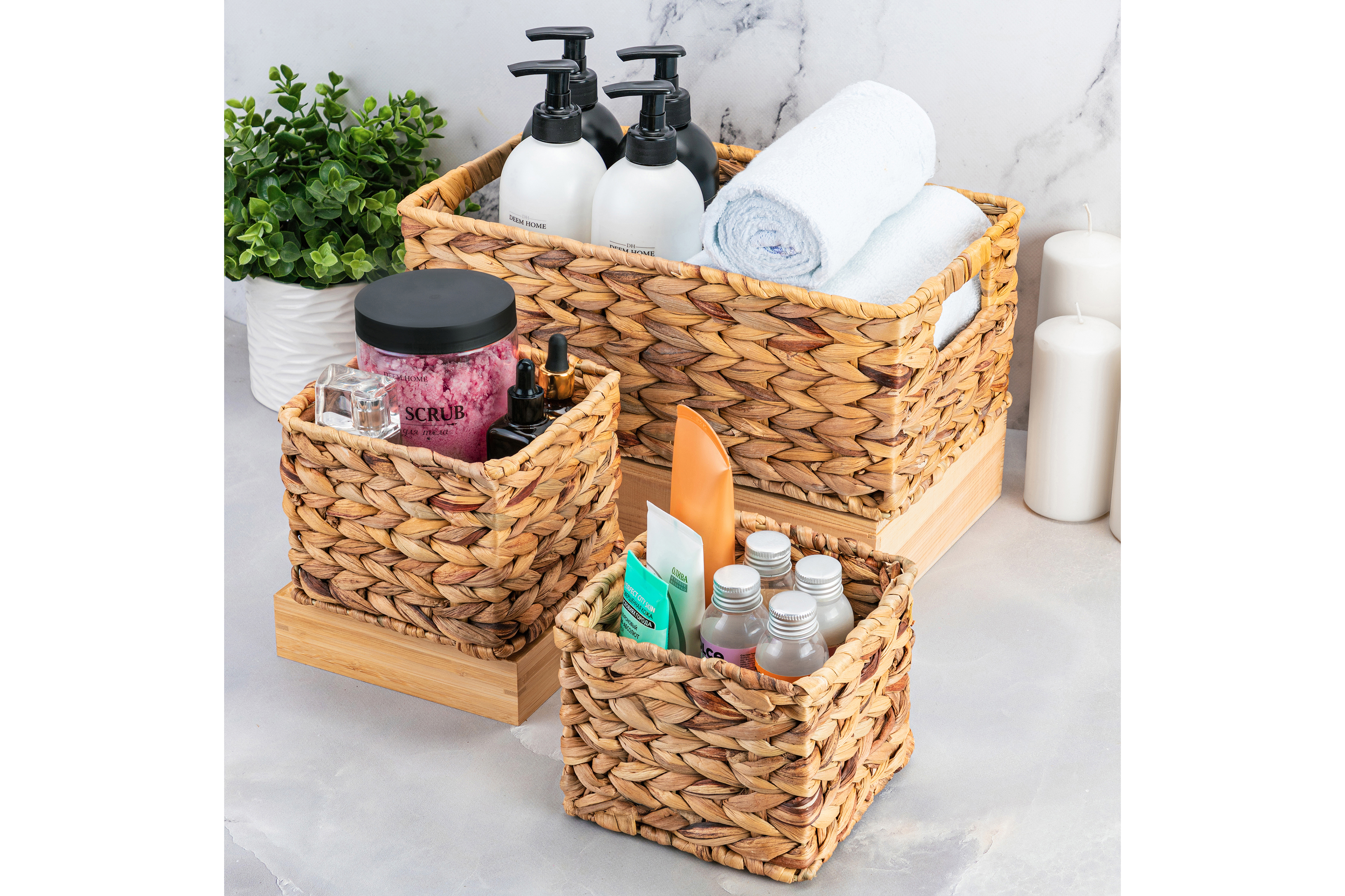 Изображение товара Набор из трех плетеных корзин из водного гиацинта El casa 20x14.5x35 см бежевый