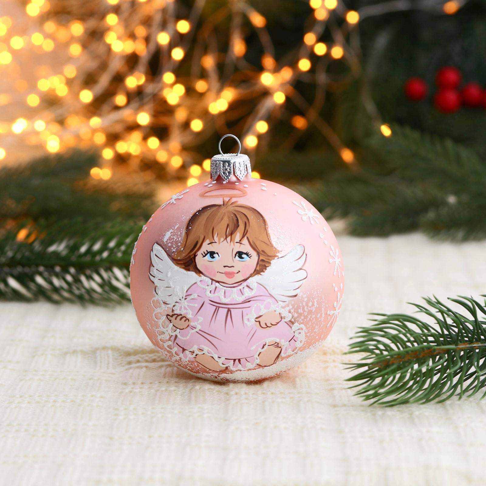 Изображение товара Елочный шар Винтажный шар 7077085 ФБО Ангелочек 8 см стекло бежевый