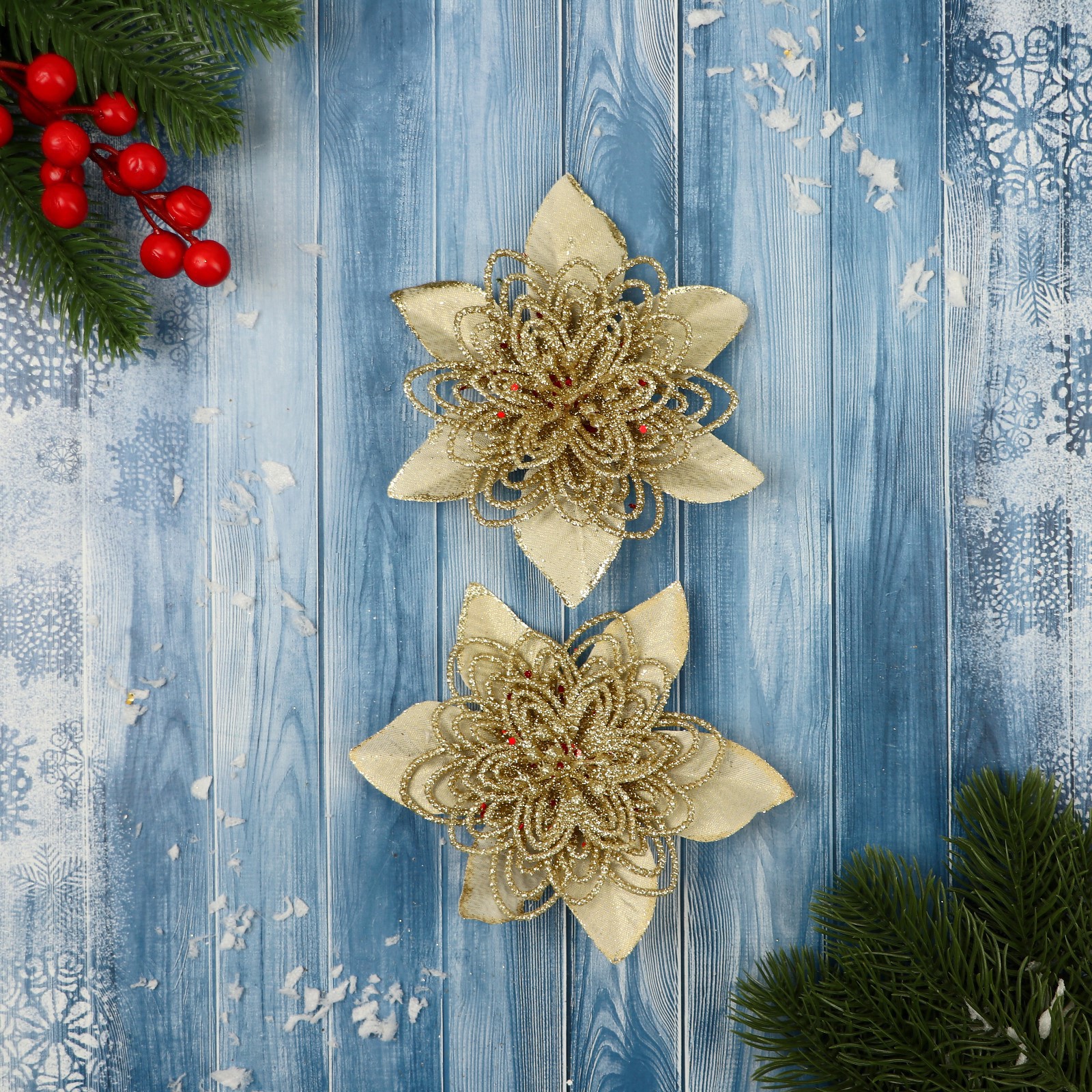 Изображение товара Набор елочных игрушек Драгоценный цветок Зимнее волшебство 9692818 12 см цвет золотой 2 шт