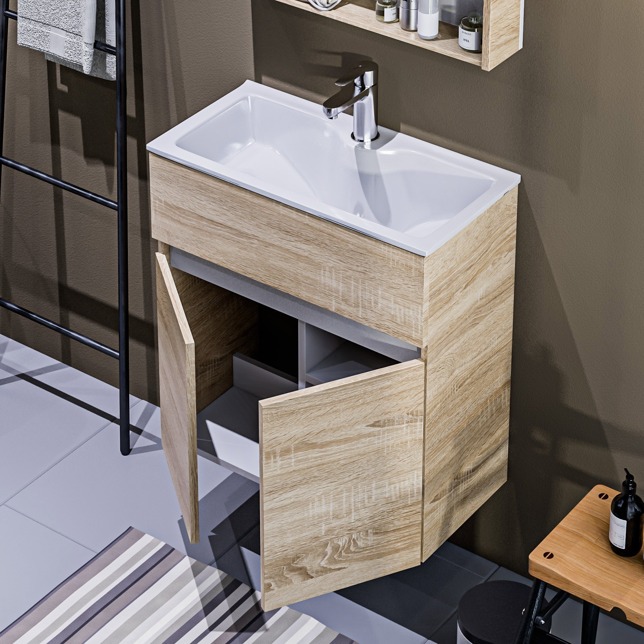 Изображение товара Тумба под раковину с раковиной 1Marka Mira 60 см белая и коричневая