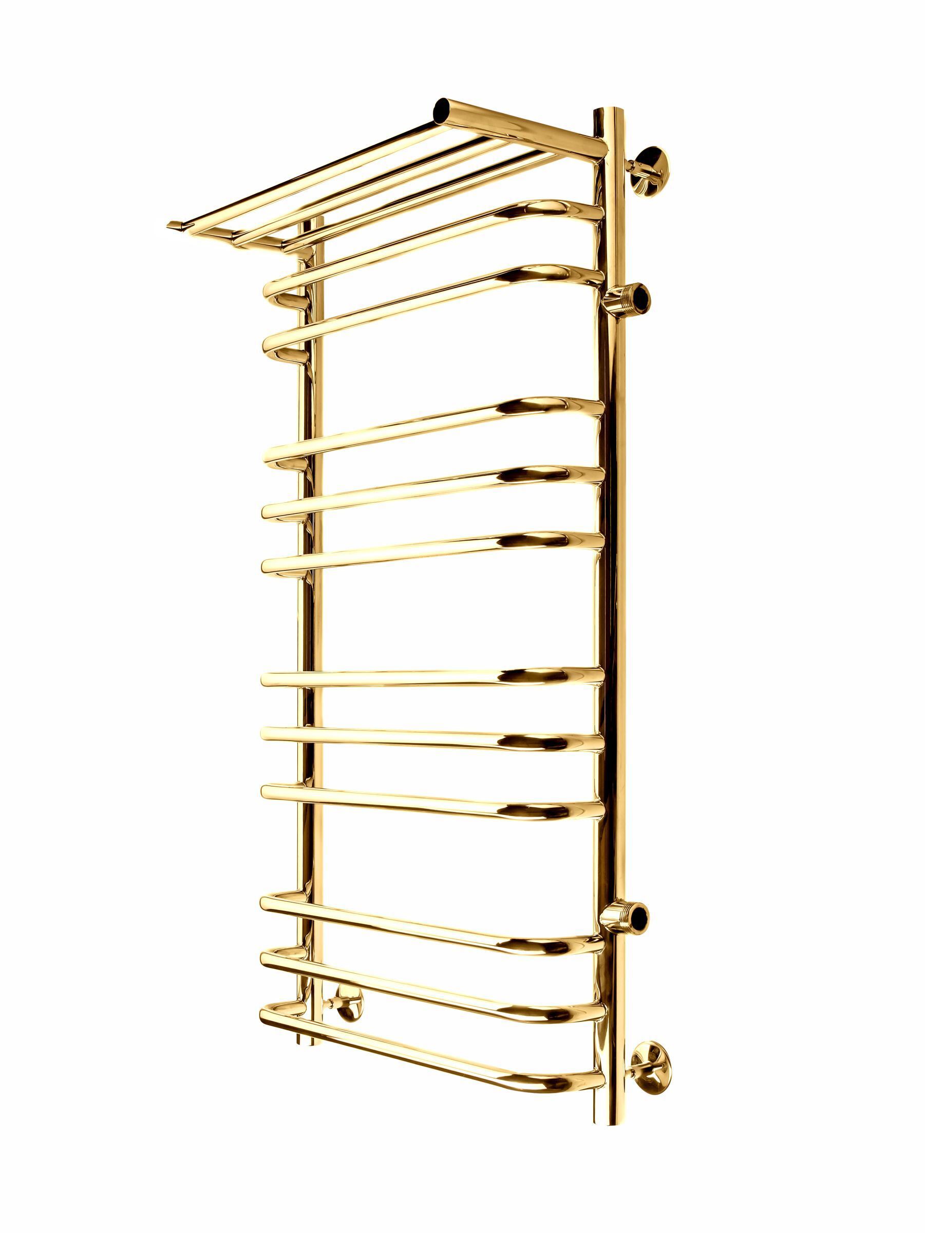 Изображение товара Водяной полотенцесушитель Indigo Brace с полкой и боковым подключением 1000х557 мм золото