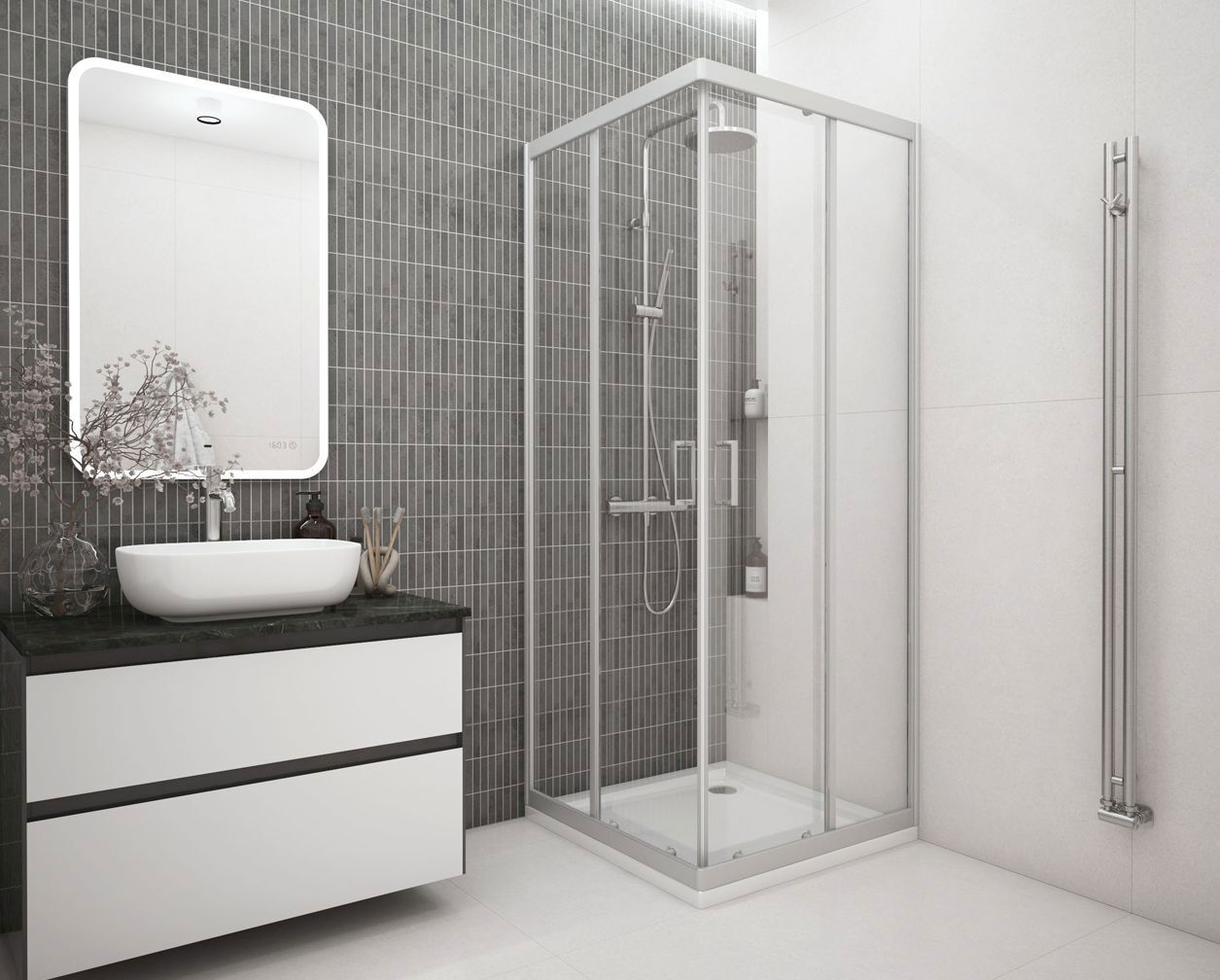 Изображение товара Душевой уголок Метакам квадратный 80х80 см серый профиль прозрачное стекло раздвижной