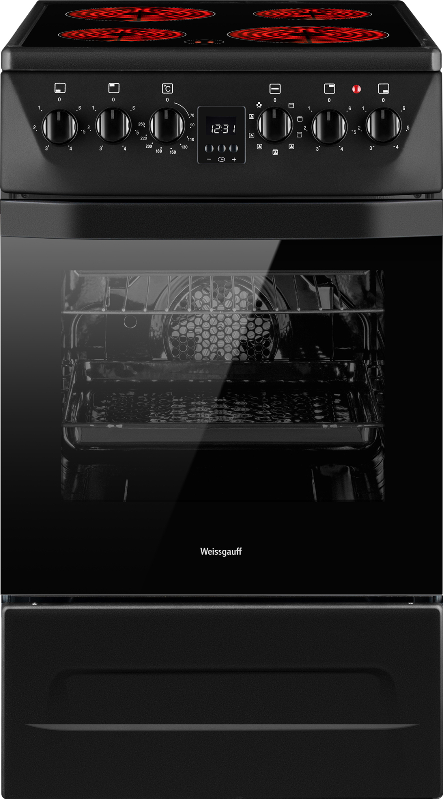 Изображение товара Электрическая плита Weissgauff 432302 с духовкой 50л и стеклокерамикой в черном цвете