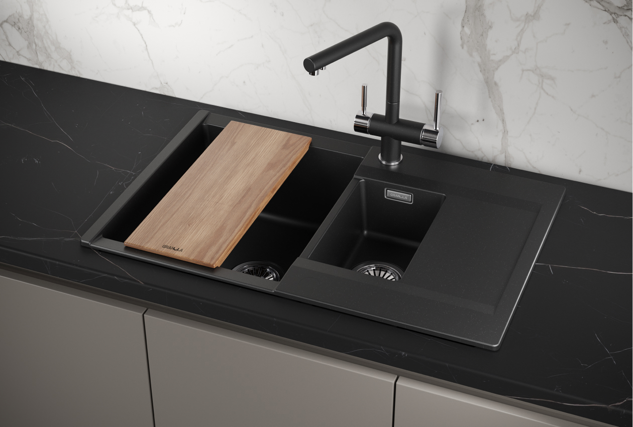 Изображение товара Мойка для кухни врезная с двумя чашами и доской ES-7808 черный кварц