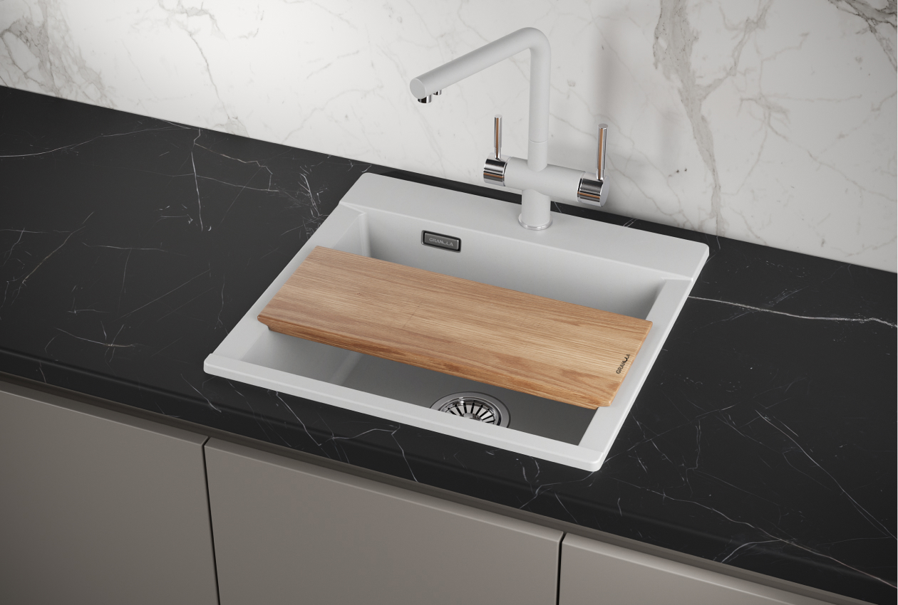Изображение товара Мойка для кухни врезная кварцевая GRUNALA ES-5201 50x52 см с доской и сифоном, белый
