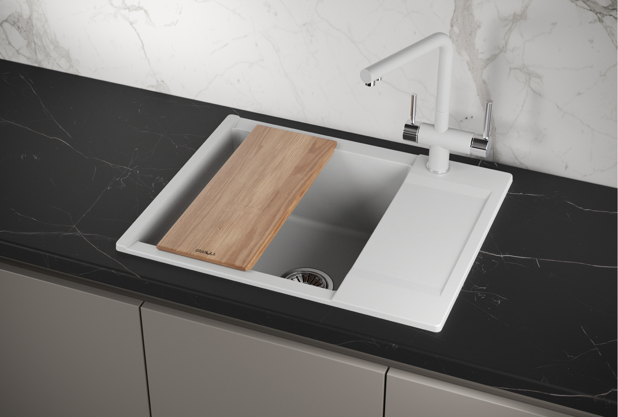 Изображение товара Мойка для кухни врезная ES-6202 кварц 50x62 см белая с крылом и доской