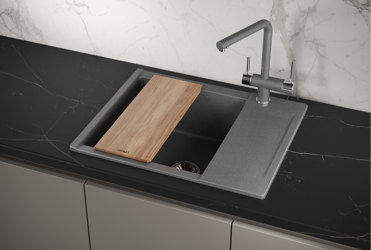 Изображение товара Мойка для кухни врезная ES-6202 с крылом 50x62 см с доской глубина чаши 20 см кварц цвет графит