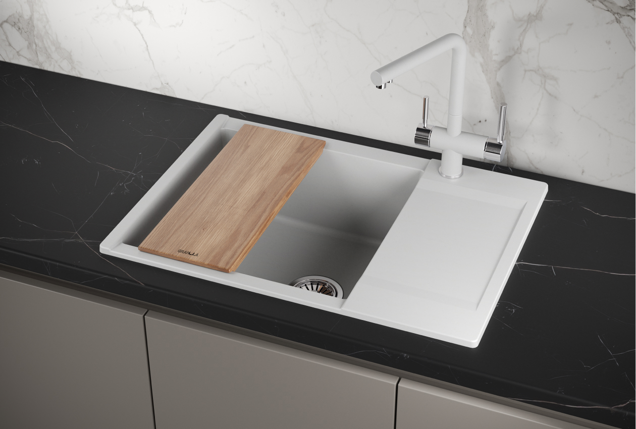 Изображение товара Мойка для кухни врезная ES-7003 кварц белый с крылом 50x70 см