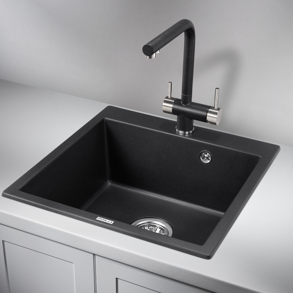 Изображение товара Мойка для кухни врезная Granula GR-5102 52x51 см глубина чаши 20 см кварц цвет черный матовый/черный мрамор