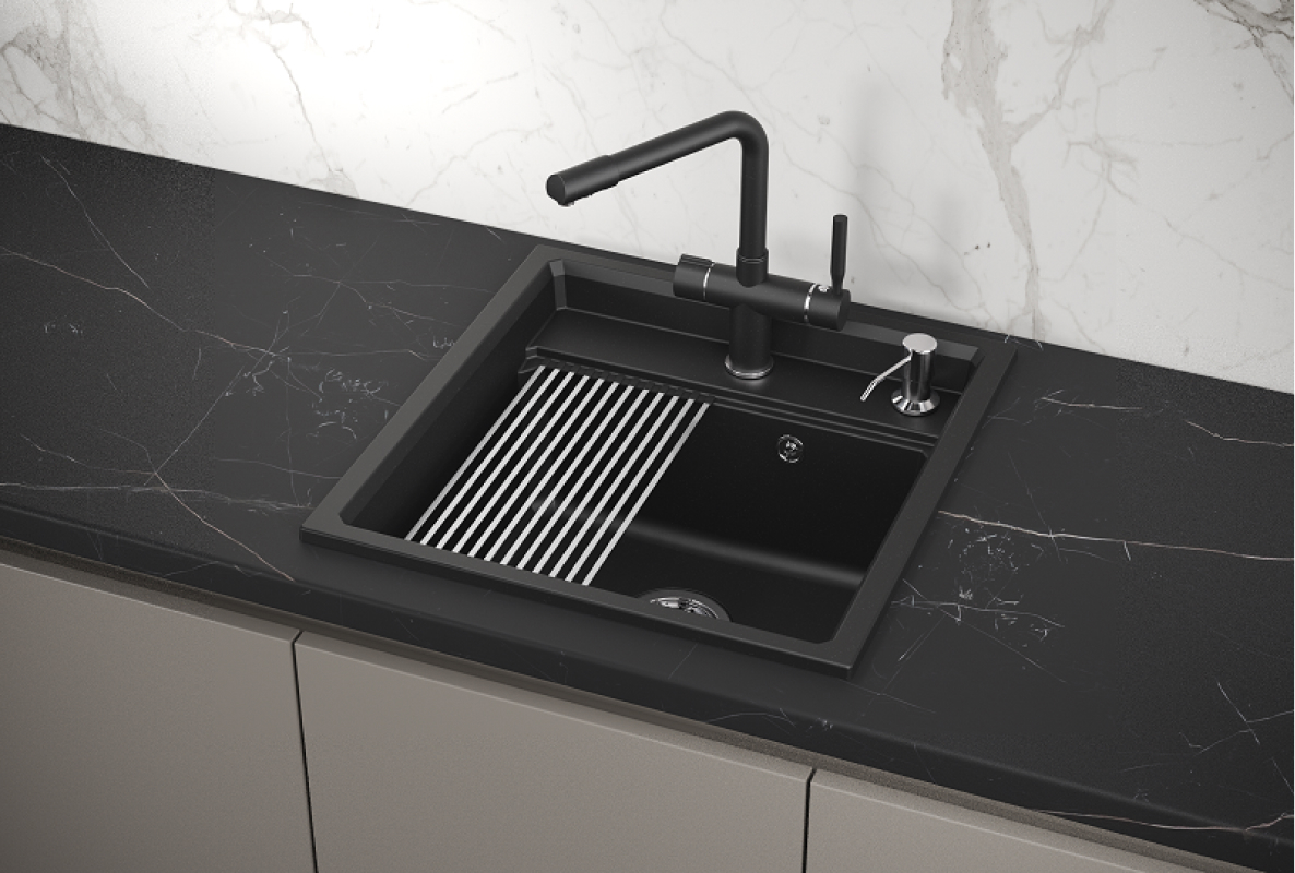 Изображение товара Мойка для кухни врезная с дозатором Granula KS-5002 51x50 см глубина чаши 24.5 см кварц цвет черный матовый/черный металлик