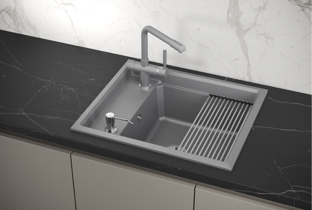 Изображение товара Мойка для кухни врезная с дозатором Granula KS-6004 51x60 см глубина чаши 24.5 см кварц цвет алюминий, серый металлик