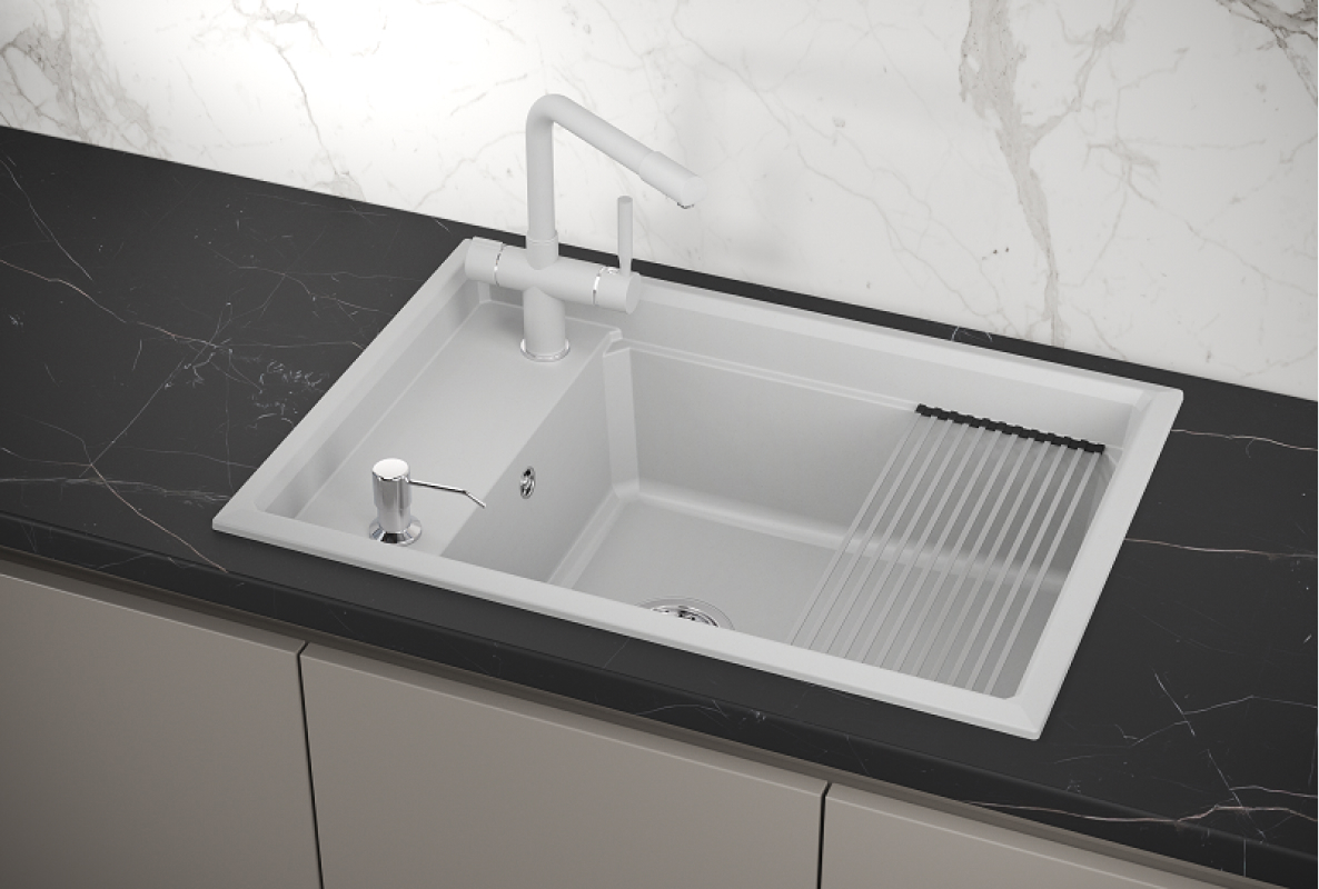 Изображение товара Мойка для кухни врезная кварцевая с дозатором Granula KS-7305 51x73 см белая