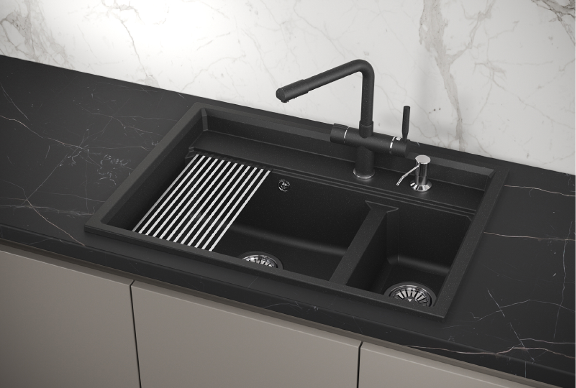 Изображение товара Мойка для кухни врезная с дозатором Granula KS-7302 51x73 см глубина чаши 24.5 см кварц цвет черный матовый/черный мрамор