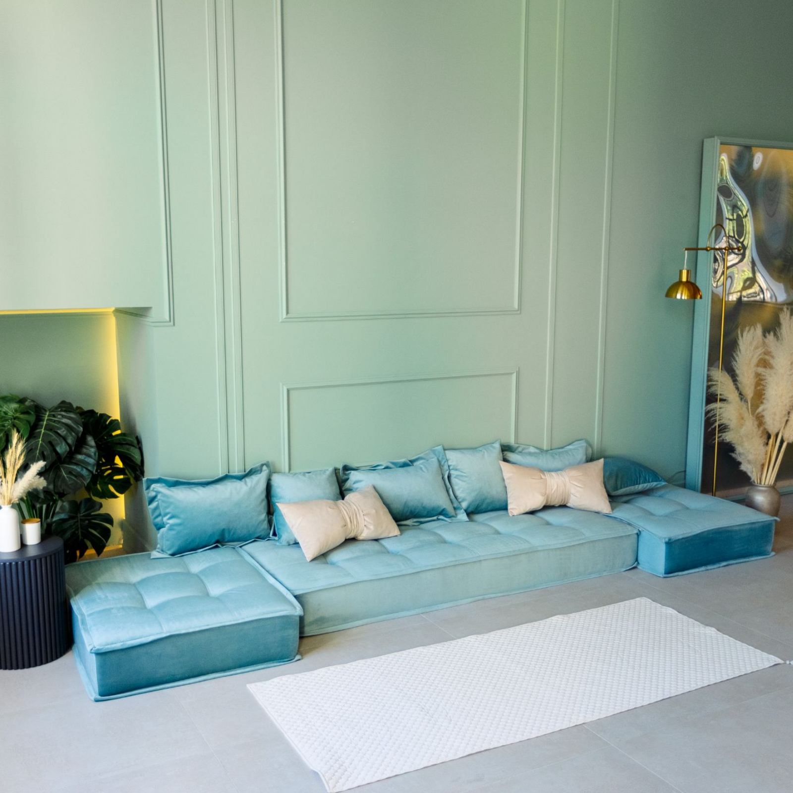 Изображение товара Угловой диван-трансформер Miella Lora светло-зеленый 280x80 см велюр