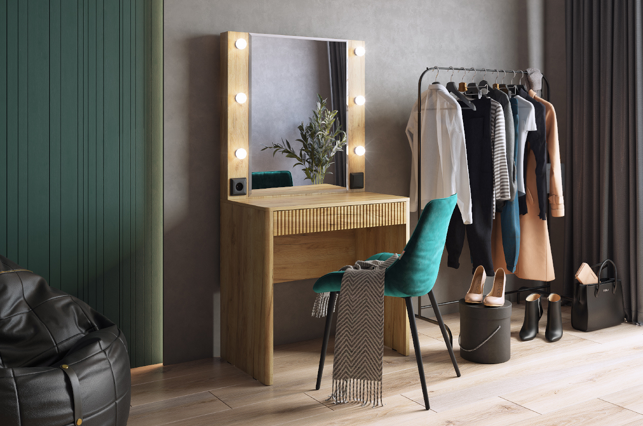 Изображение товара Туалетный столик с зеркалом Mebelson 80.20x155x43.10 см цвет дуб крафт золотой